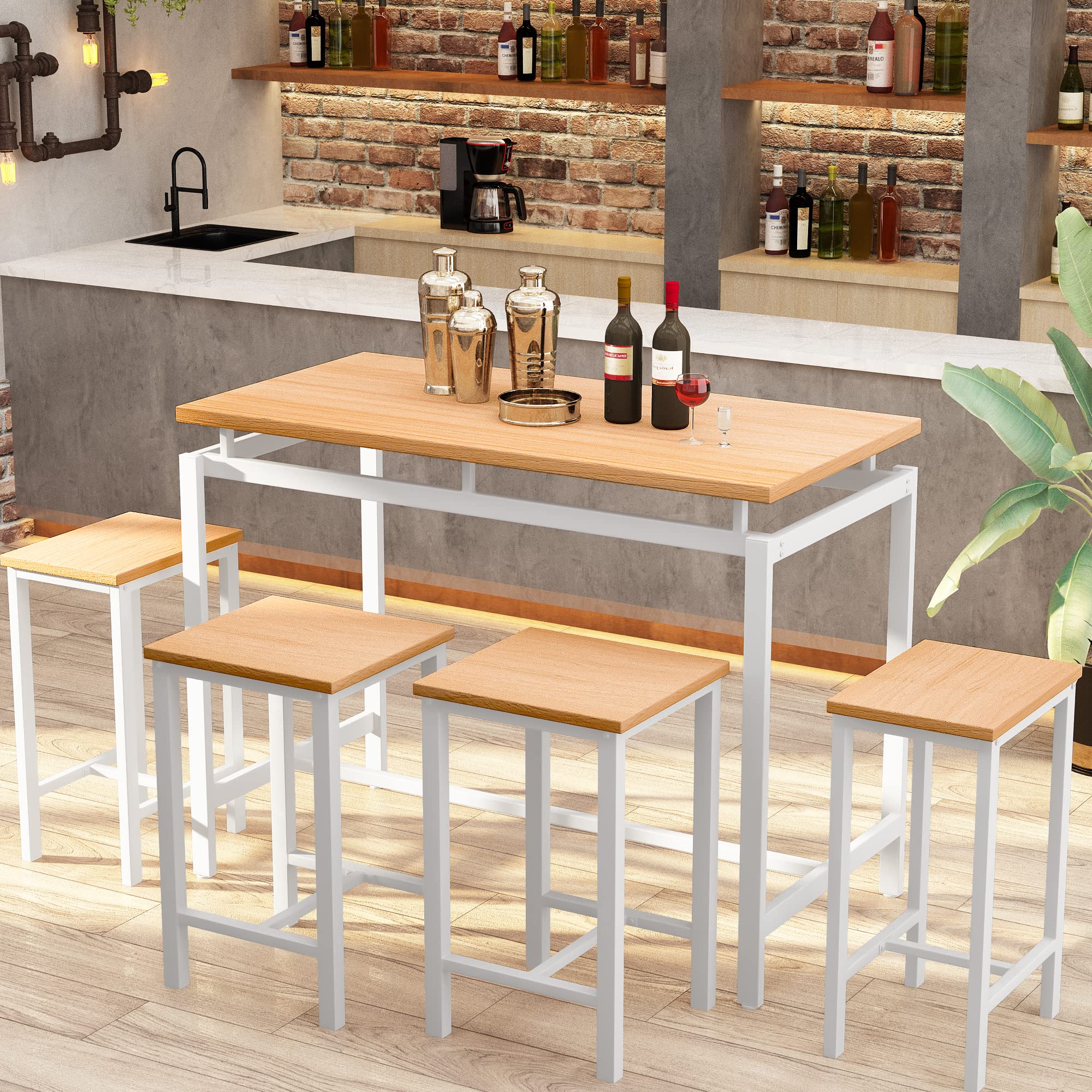 DKLGG 5-Piece Wooden Dining Table Set for 4 - Small Kitchen Table with 4 Stools, Space-Saving Bar Height Kitchen Table and Chairs Set - Perfect for Breakfast Nooks, Small Apartments & Cozy Dining Areas