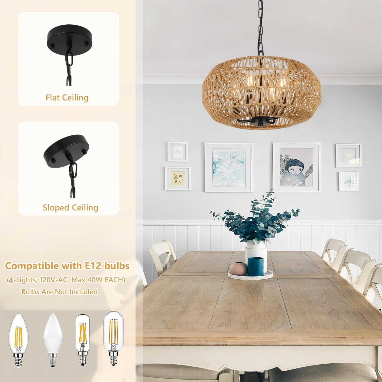 SEIHONG 4-Light Boho Rattan Pendant Light - Hand Woven Wicker Chandelier Lighting Fixture for Farmhouse, Dining Room, Kitchen Island, Living Room & Foyer | Perfect for Rustic, Coastal & Bohemian Home Decor