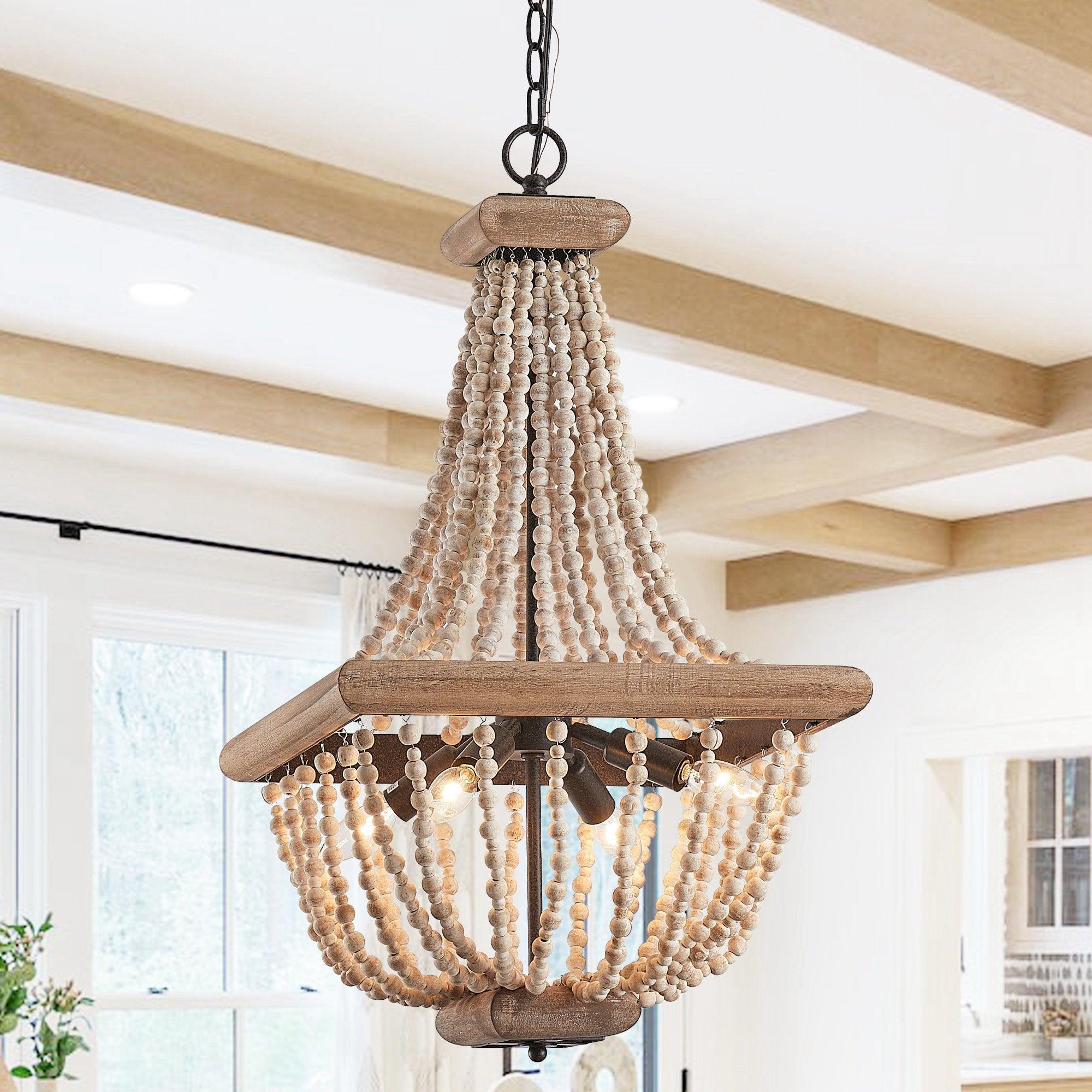 Regas 4-Light Wood Bead Candle Style Chandelier - Rustic Farmhouse Ceiling Light Fixture for Dining Room, Bedroom, or Living Room Decor