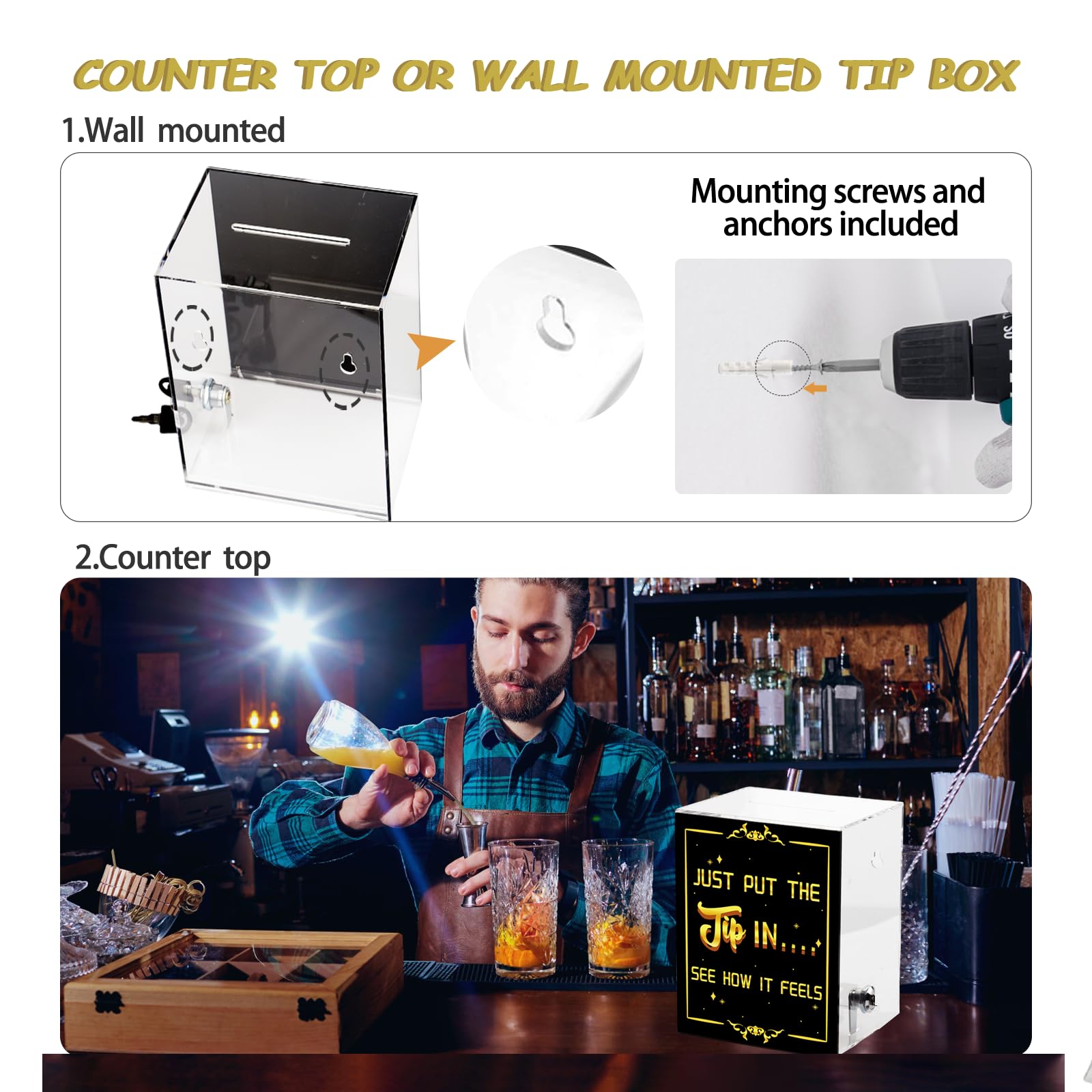 Acrylic Tip Jar with Lock & Slot - Wall Mounted Money Collection Box for Bartenders, Bars & Restaurants - Secure Cash Drop Box (6