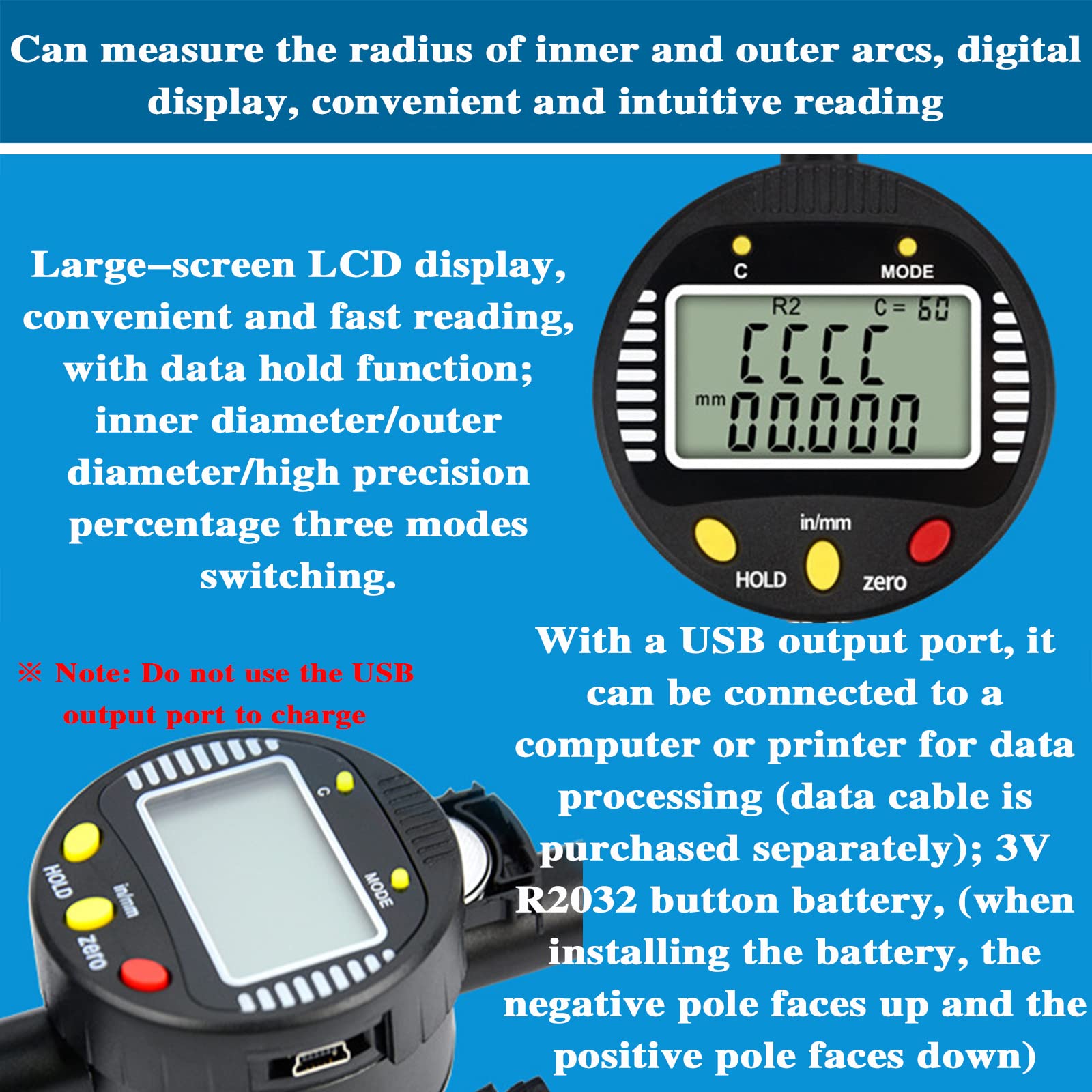High Precision Digital Radius Gauge - Electronic Radius Indicator Tool for Measuring 0.2