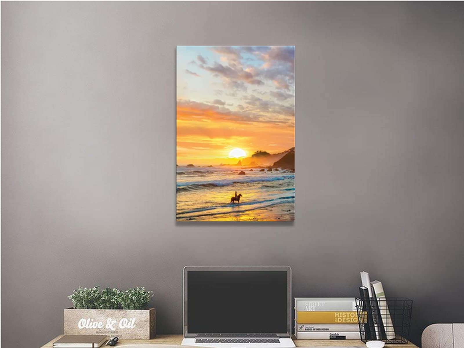 TIMUBA Beach Canvas Wall Art - Modern Ocean Sunset Seascape Framed Painting (28