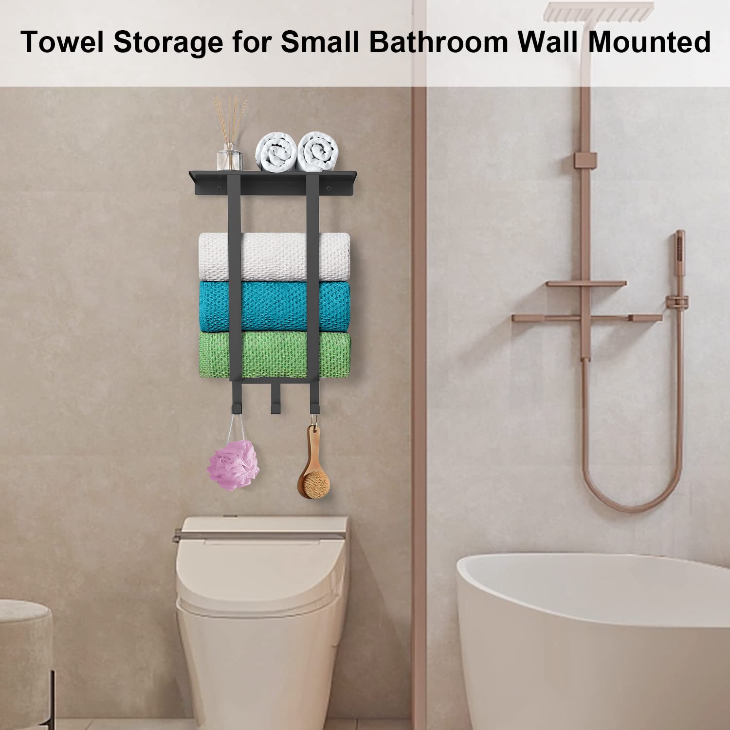 Premium Black Wall-Mounted Towel Rack with Shelf & 3 Hooks - Space-Saving Bathroom Storage Organizer for Rolled Towels, Robes & Accessories - Perfect for Small Bathrooms, Apartments & Spa-Style Decor