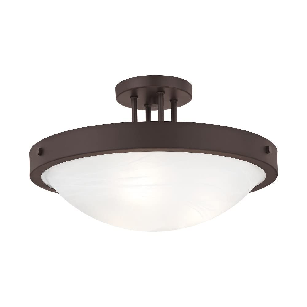 Livex Lighting 73956-07 Bronze Flush Mount Ceiling Light Fixture with White Alabaster Glass Shade - Perfect for Bedroom, Hallway, and Entryway Lighting