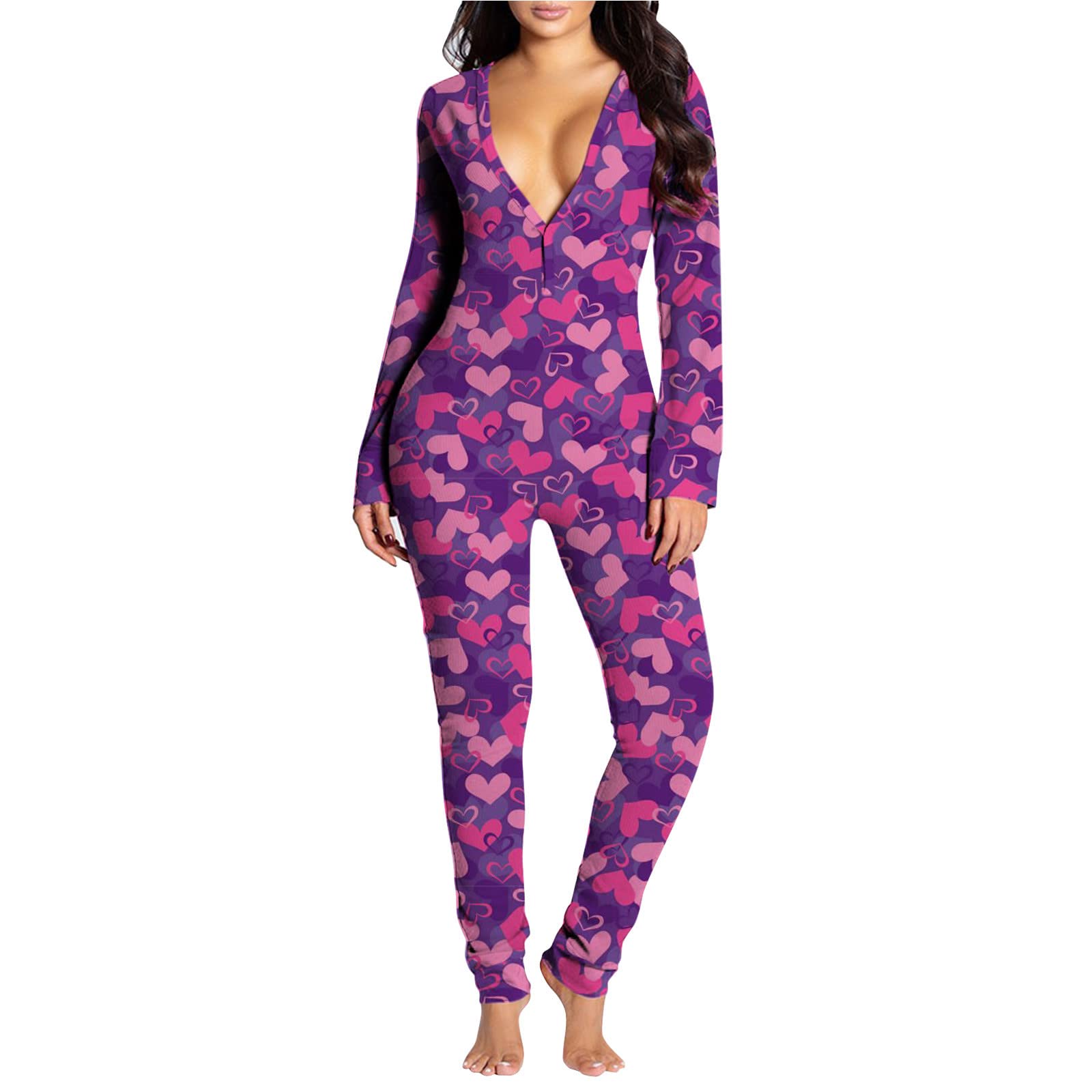 Women's Valentine's Day Flannel Sleepwear Jumpsuit - Cozy Long Sleeve Button Down Pajama Set for Winter Nights & Romantic Evenings