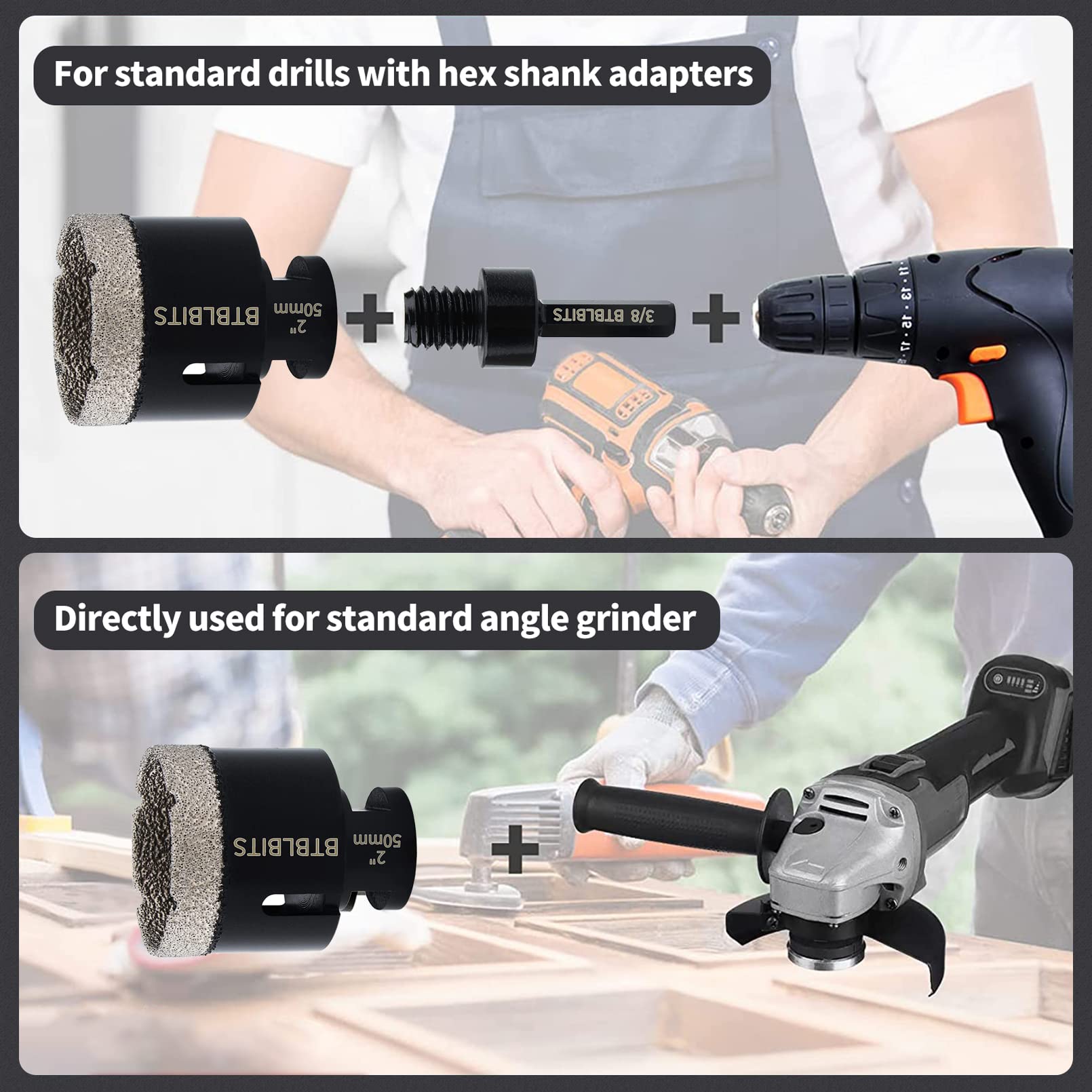 2 Inch (50mm) Diamond Core Drill Bit - Vacuum Brazed Tile Hole Saw for Angle Grinder - Porcelain, Ceramic, Granite, Brick & Marble - 5/8-11 Thread + 3/8