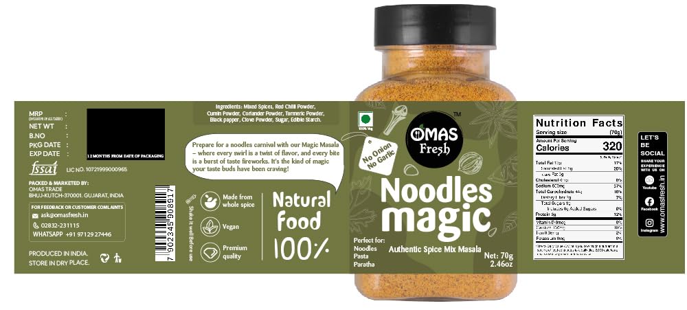 Omas Fresh No Onion No Garlic Noodles Spice Mix Masala Powder 70G | Authentic Jain Masala for Noodles, Pasta, Paratha & Wraps | Vegan, Gluten-Free Seasoning for Indian & Asian Cuisine | 0.068 Kg