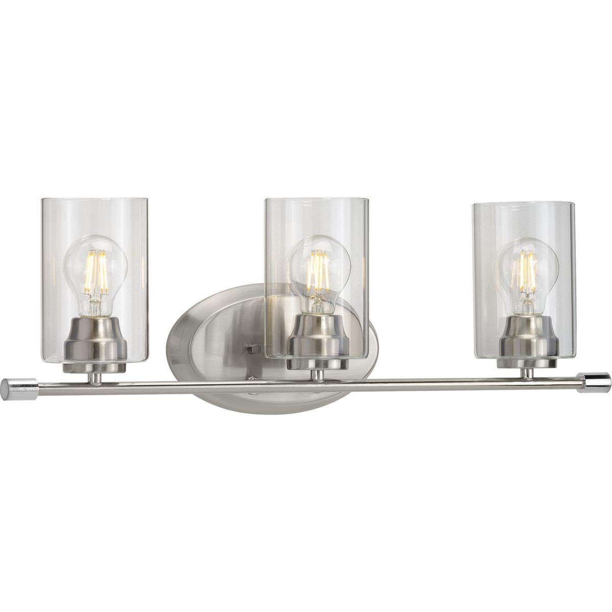 Progress Lighting Riley Collection 3-Light Modern Bathroom Vanity Light - Brushed Nickel Finish, Clear Glass Shades - Perfect for Contemporary Bathrooms & Powder Rooms
