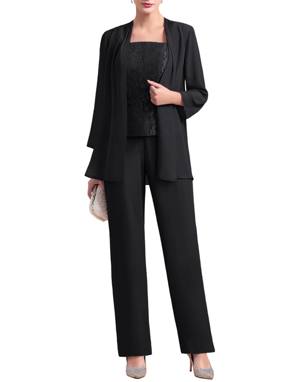 Elegant Women's Chiffon 3-Piece Pantsuit Set with Lace Details - Mother of The Bride Outfit, Wedding Guest Formal Evening Wear - Perfect for Weddings, Parties & Special Occasions