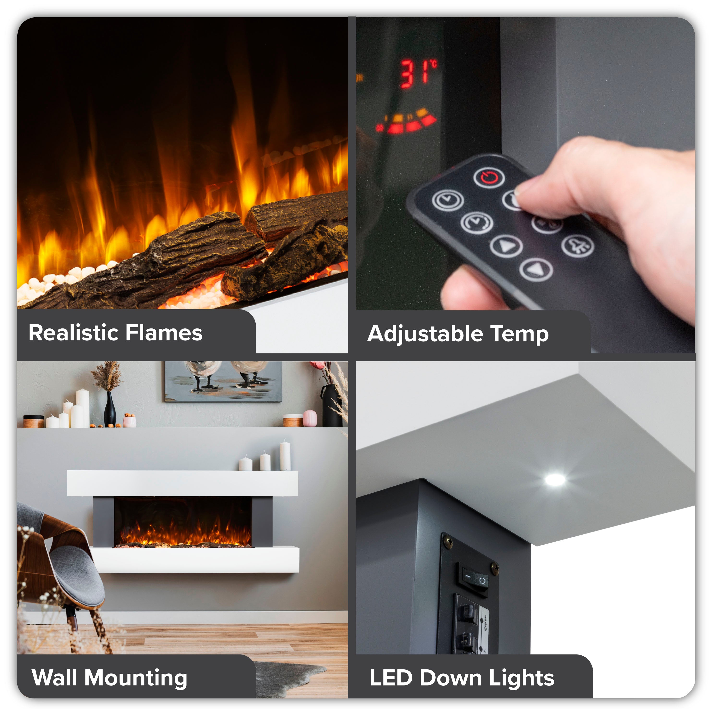 Baridi 52 Inch Electric Fireplace Wall Mounted with Realistic LED Flame Effects - Grey DH112 - Perfect for Living Room, Bedroom & Office Heating & Ambiance