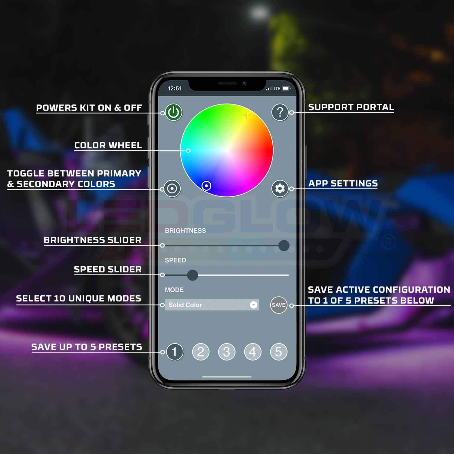 LEDGlow 20-Piece Bluetooth LED Underbody Lighting Kit - 16 Million Colors, Smartphone App Control, Brake Light Feature, Waterproof - Compatible with Polaris Slingshot & Other Vehicles - Perfect for Car Shows, Night Cruising & Customization