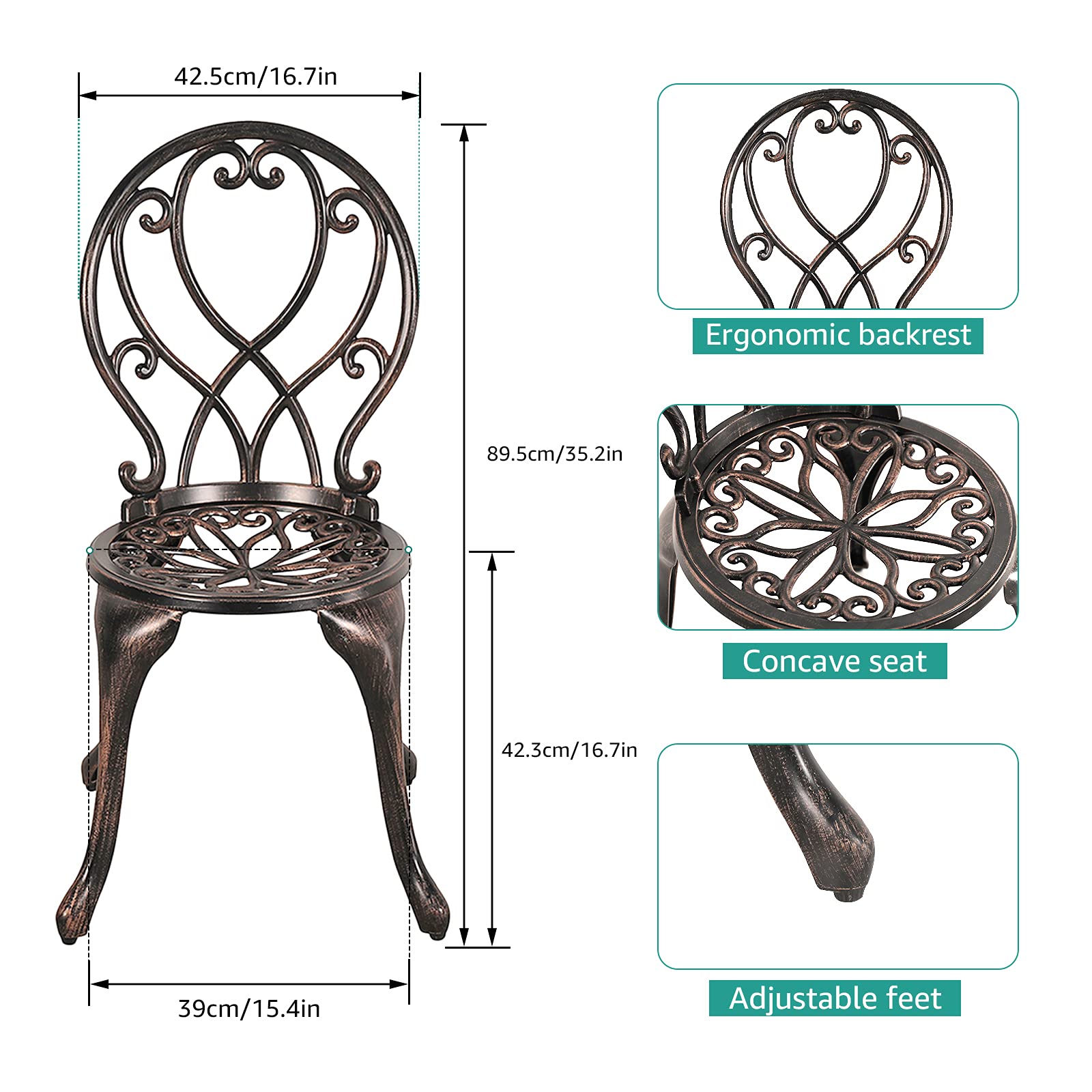 COBANA 3-Piece Outdoor Bistro Set - All-Weather Cast Aluminum Patio Dining Table with 2 Chairs & 2’’ Umbrella Hole, Bronze Retro Style - Perfect for Garden, Balcony, Poolside & Backyard Relaxation