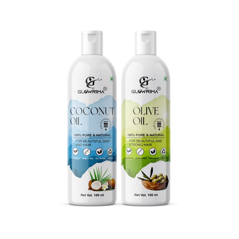 Glowrima 100% Pure Coconut Oil & Olive Oil Combo Set (100ML Each) - Promotes Rapid Hair Growth, Reduces Hair Fall, Repairs Split Ends for Softer, Shinier Hair - Perfect for Daily Hair Care & Scalp Massage (Pack of 2)
