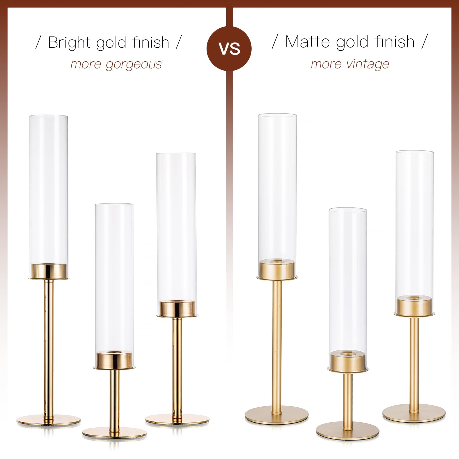Gold Hurricane Glass Candle Holders Set of 3 - Elegant Taper Candle Stands for Weddings, Dining Tables & Christmas Decor - Perfect Centerpiece for Romantic Dinners, Holiday Parties & Home Decor