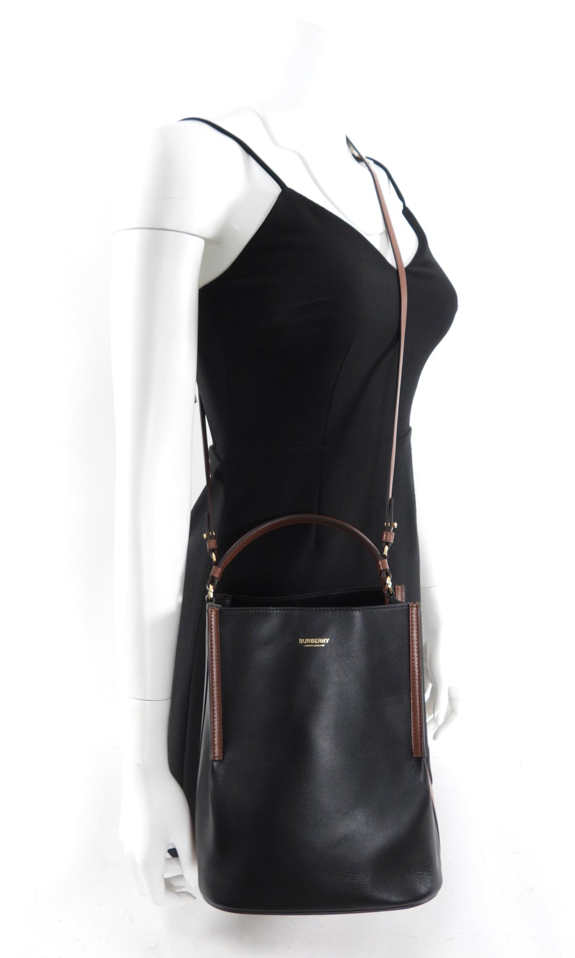Burberry Black & Brown Leather Small Bucket Bag with Detachable Pouch - Stylish Crossbody Handbag for Women, Perfect for Work, Travel & Everyday Use