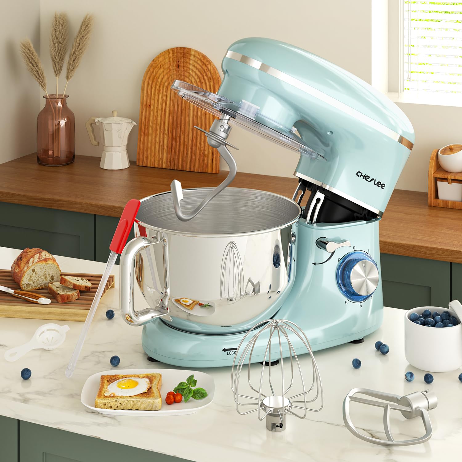 CHeflee 600W Stand Mixer with 6.5QT Stainless Steel Bowl - 6 Attachments (Dough Hook, Wire Whip, Beater) - Powerful Kitchen Mixer for Baking, Whipping & Kneading - Perfect for Home Bakers & Cooking Enthusiasts (Blue)