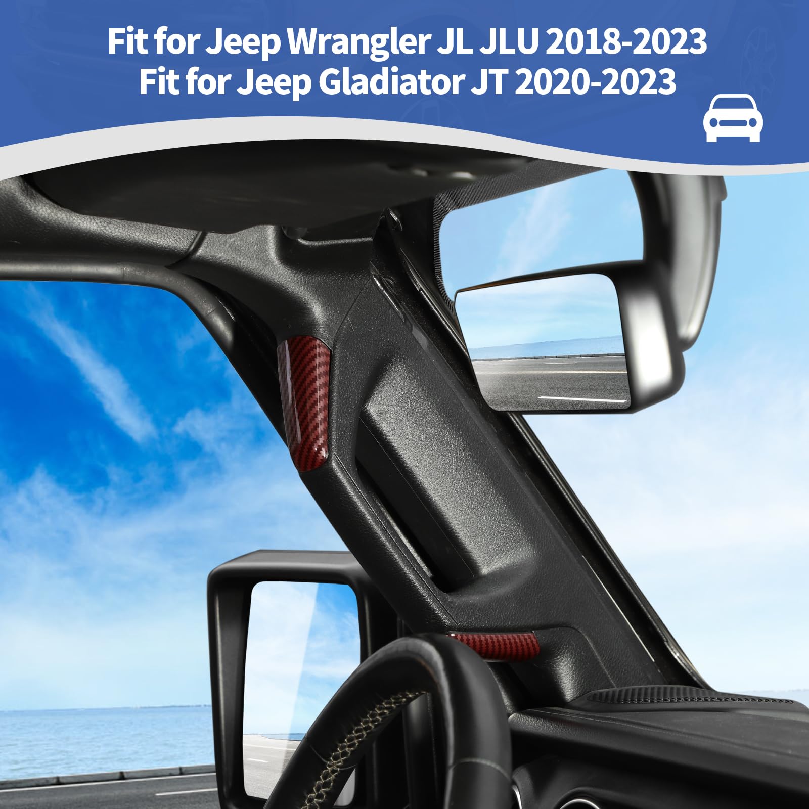 RT-TCZ Red Carbon Fiber A/B Pillar Grab Handles Cover Trim for Jeep Wrangler JL JLU & Gladiator JT 4-Door (2018-2023) - Interior Accessories for Off-Road Protection & Style Enhancement