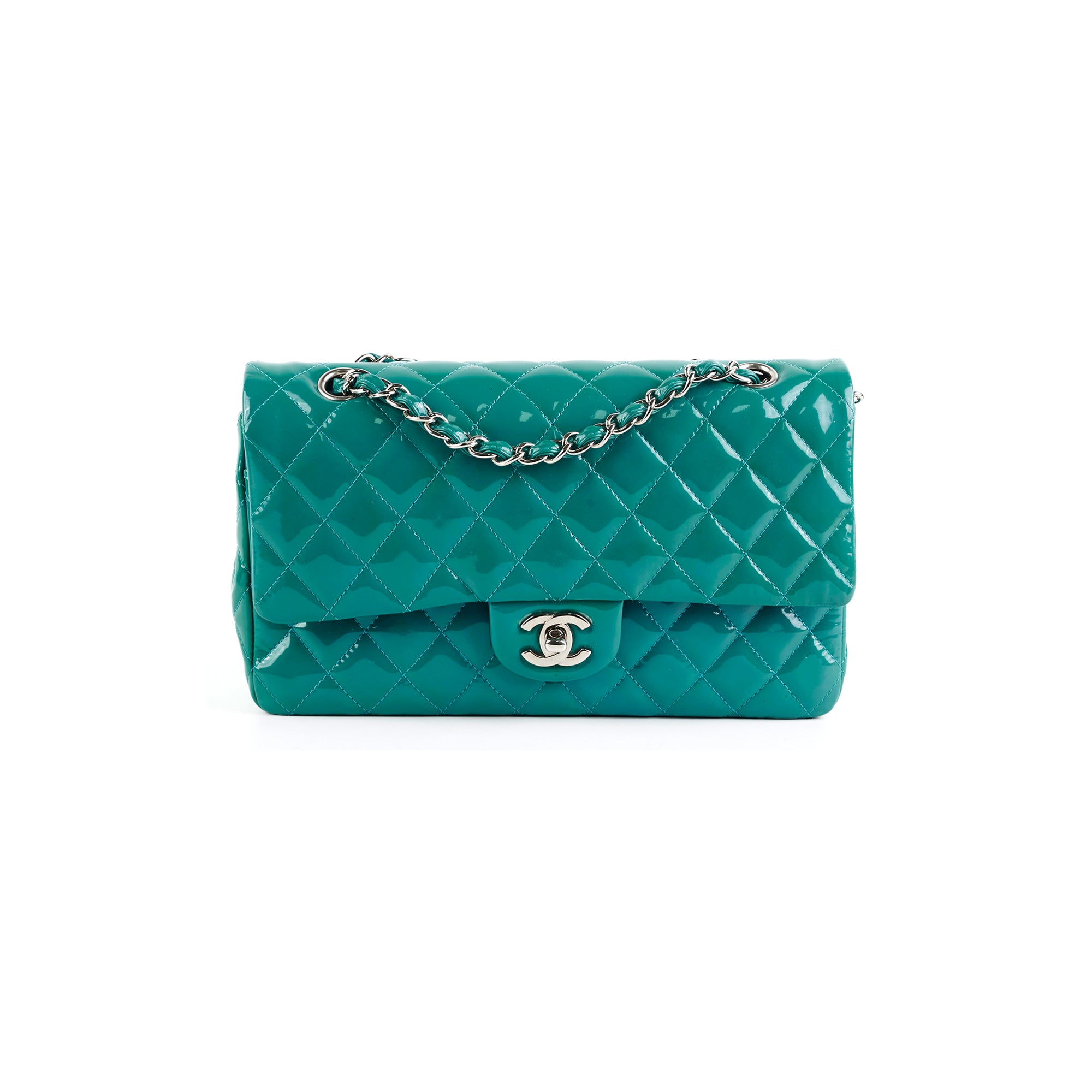 Chanel Quilted Patent Leather Medium Large Classic Flap Bag in Teal - Luxury Handbag for Women, Perfect for Parties, Work & Special Occasions