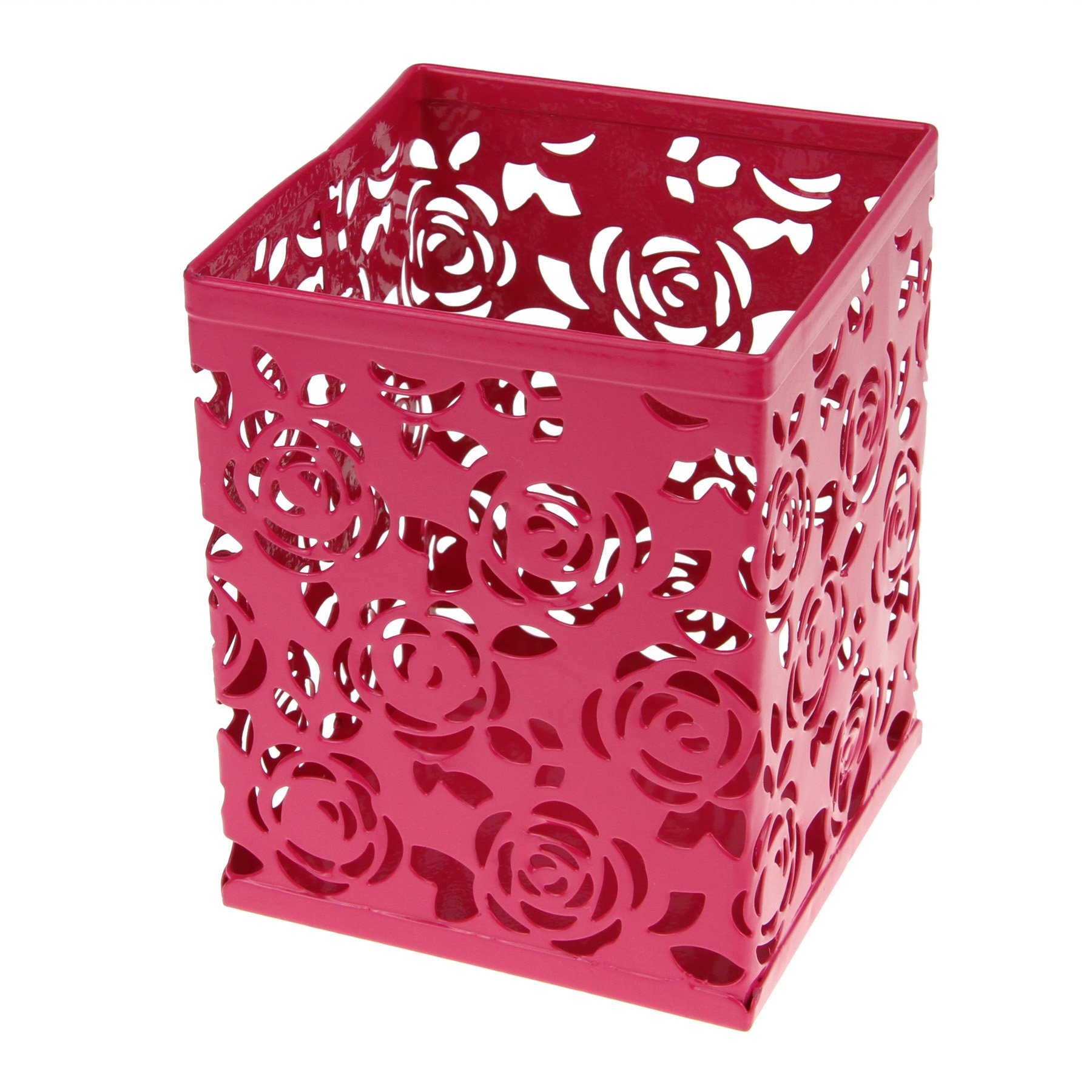 Clobeau Metal Rose Design Square Pen Holder - Stylish Desk Organizer for Office & Home, Pencil Cup Case with Flower Pattern (Rose Red) - Perfect for Workspace, Study & Gift Giving