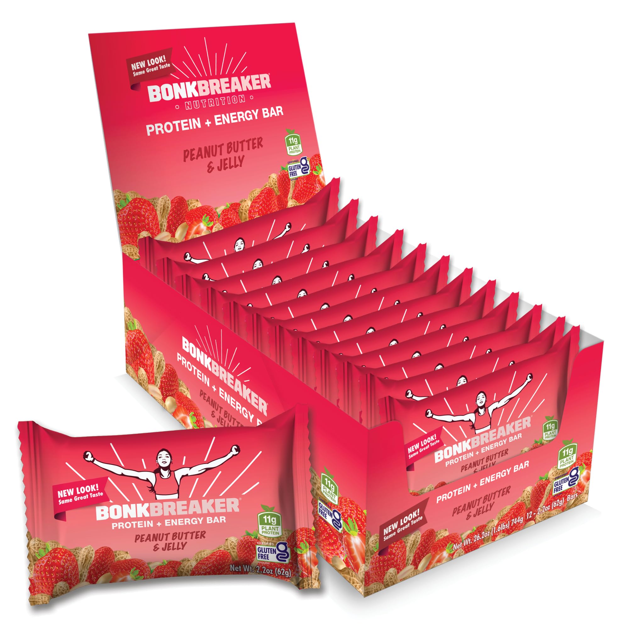 Bonk Breaker Plant Based Protein Bars - Gluten Free, Dairy Free, 13g Protein, Peanut Butter & Jelly Flavor, 62g Bar (12 Pack) - Perfect for Post-Workout Recovery, Hiking Snacks & Healthy On-the-Go Nutrition