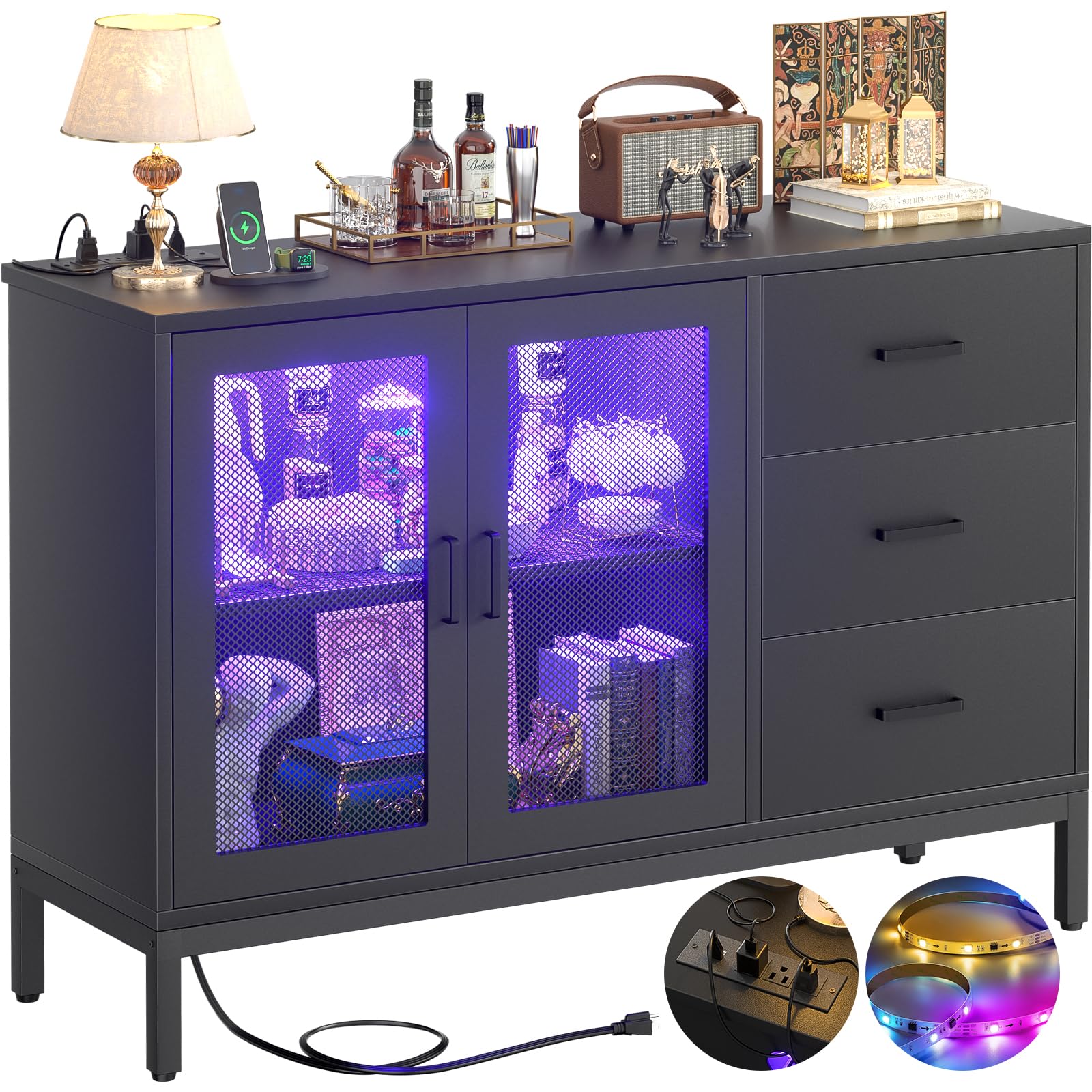 Modern Black Sideboard Buffet with 3 Wood Drawers & Power Outlet - LED Light Coffee Bar, 2-Door Storage Cabinet for Kitchen & Dining Room - Perfect for Entertaining, Displaying China, and Organizing Dining Essentials