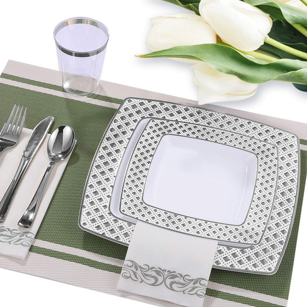 FOCUSLINE 175-Piece Silver Disposable Dinnerware Set for 25 Guests - Elegant Square Plastic Plates with Diamond Design - Includes 25 Dinner Plates, 25 Dessert Plates, 25 Napkins, 25 Cups & 25-Piece Silverware Set - Perfect for Weddings, Parties, Catering & Special Events