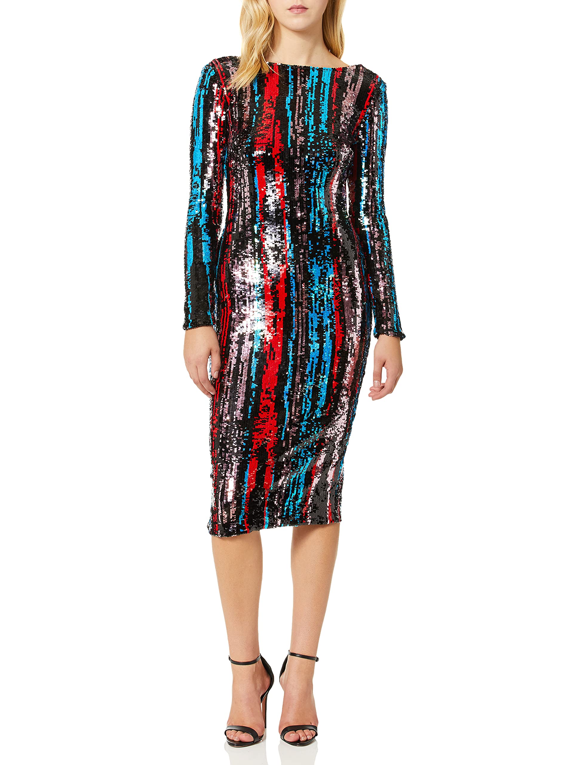 Dress the Population Women's Emery Long Sleeve Stretch Sequin Midi Sheath Dress - Elegant Party Gown for Cocktail Events, Holiday Parties & Evening Occasions