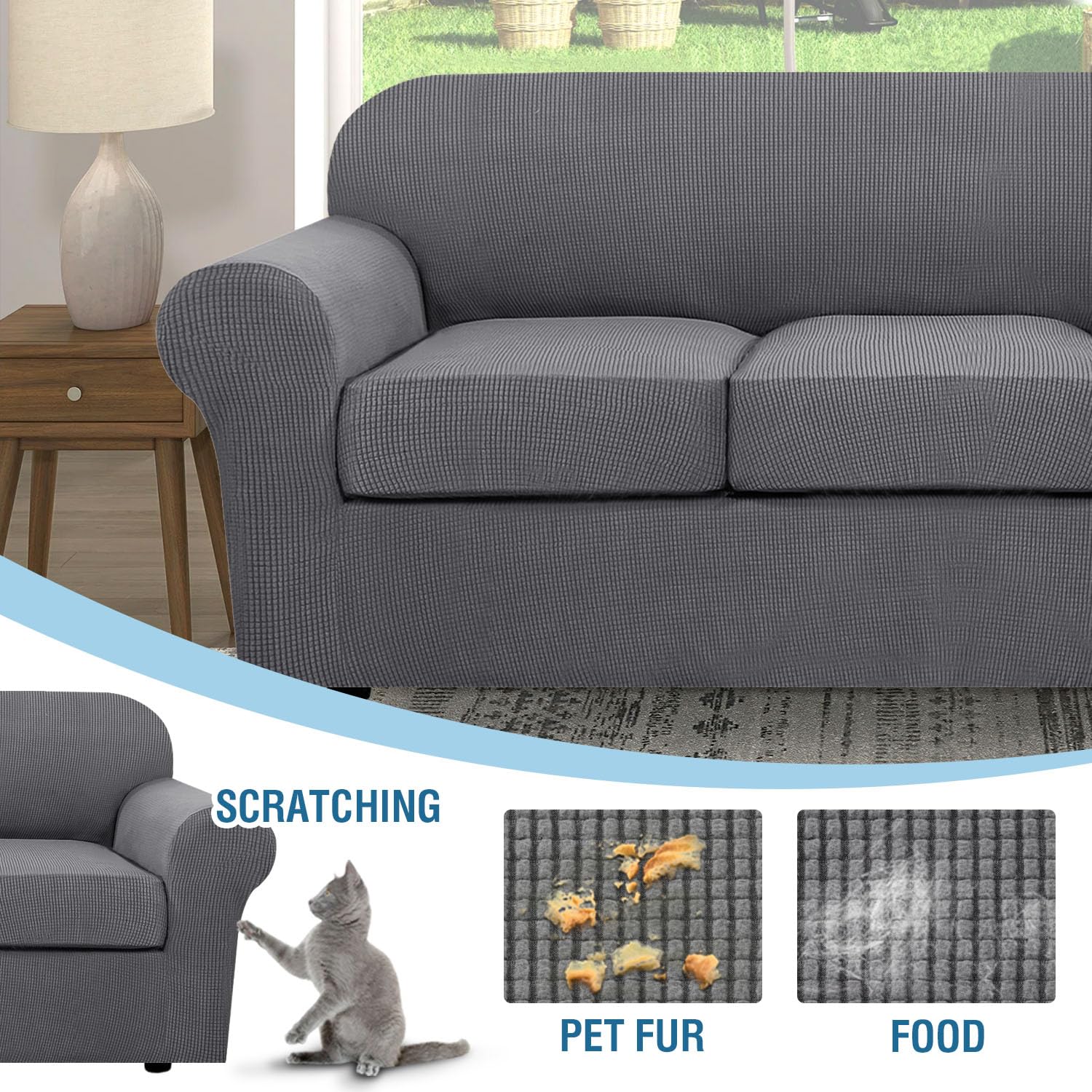 H.VERSAILTEX 4-Piece Stretch Sofa Cover Set - Jacquard Fabric Couch Covers for 3-Cushion Sofa & 2-Cushion Loveseat, Thick Grey Furniture Protector - Perfect for Living Room, Family Room & Pet-Friendly Homes