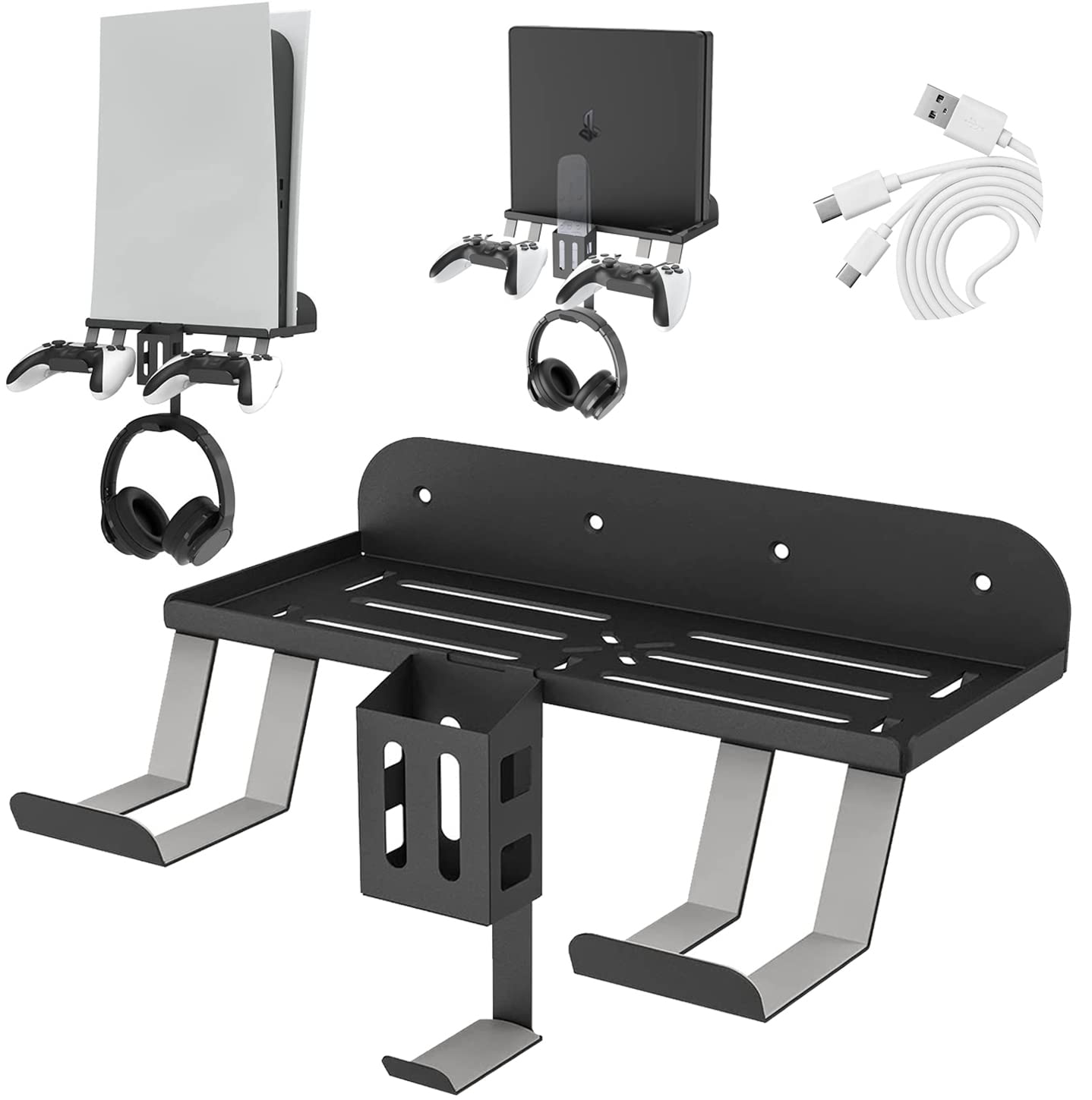 PS5 Wall Mount Kit with Charging Station - 6-in-1 Metal Wall Stand for PlayStation 5 (Disc & Digital Edition) Includes Charging Cable, Controller Hanger, Remote Holder & Headset Hook with Non-Slip Mat - Perfect for Gaming Room Organization & Space Saving Setup (Black)