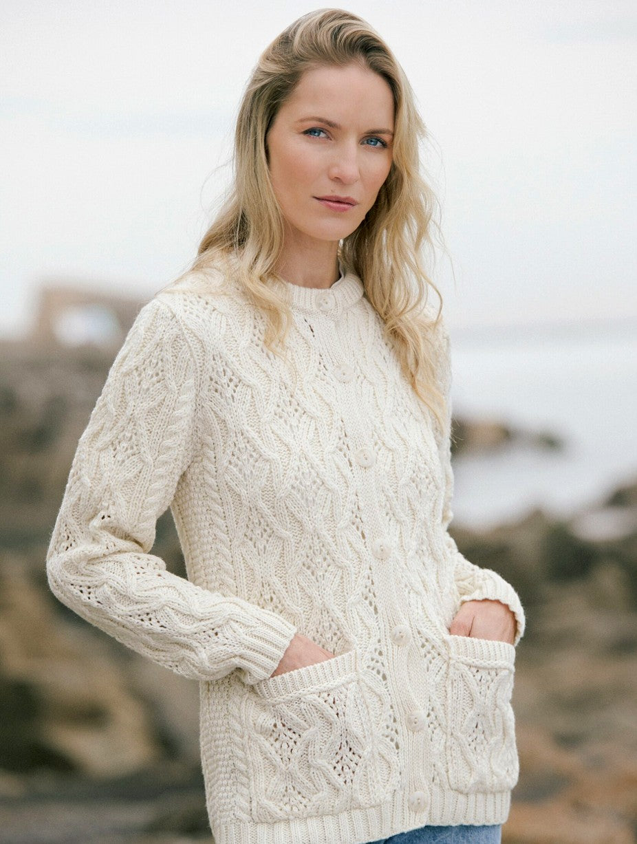Killiney Lace Style Lumbar Cardigan for Women - Elegant Open Front Sweater with Lace Trim (2 Colors) - Perfect for Office Wear, Date Nights & Spring Layering