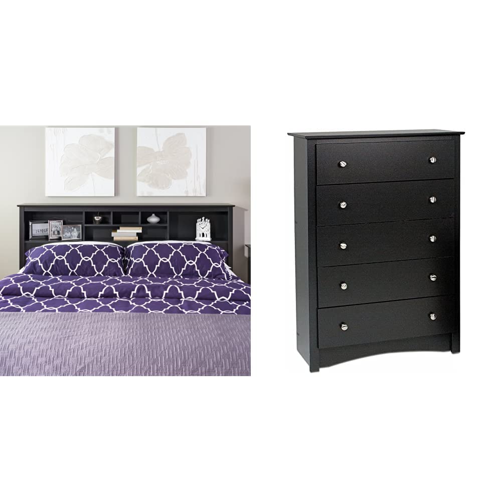 Prepac King Bookcase Headboard with 5 Drawers - Black & Black Sonoma Finish - Stylish Storage Solution for Bedroom or Home Office