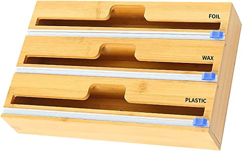 3-in-1 Bamboo Wrap Dispenser with Built-in Cutter & Labels - Plastic Wrap, Aluminum Foil & Wax Paper Organizer for Kitchen Drawer - Space Saving Hanging Roll Holder Fits 12