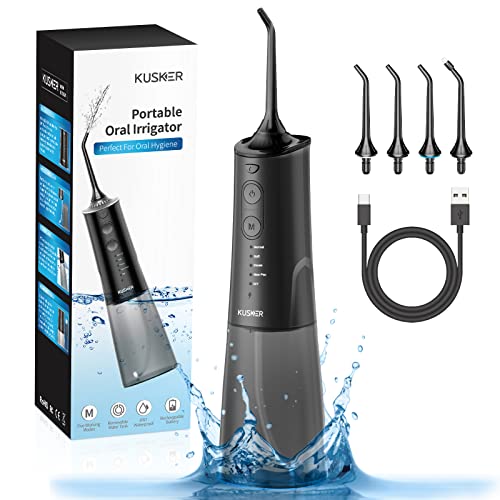 KUSKER Cordless Water Dental Flosser - Portable Oral Irrigator with 5 Cleaning Modes, 4 Jet Tips | Rechargeable IPX7 Waterproof Teeth Cleaner for Home, Travel & Daily Oral Care (Black)