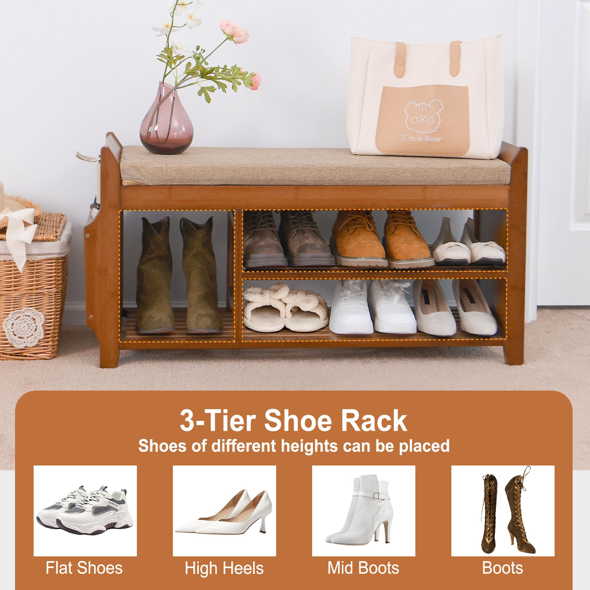 39.4 Inch Bamboo Shoe Bench with Hidden Storage Drawer & Side Holder - 2-Tier Entryway Storage Bench with Cushion for Hallway, Living Room, Bedroom | Perfect for Small Space Organization & Shoe Storage Solutions