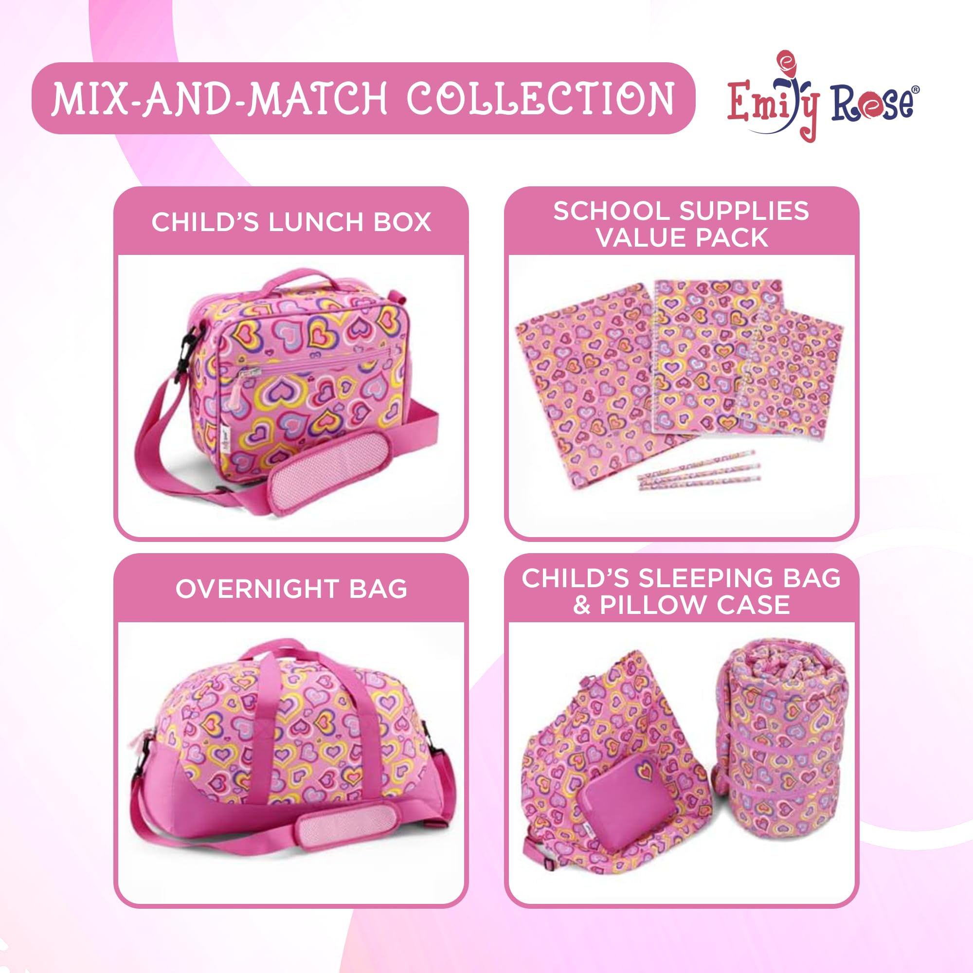 Emily Rose Kids Backpack 16 Inch - School Bookbag for Elementary & Kindergarten Girls with Notebook & Pencils - Cute Playful Hearts Design - Perfect for School, Travel, Daycare & Outdoor Adventures