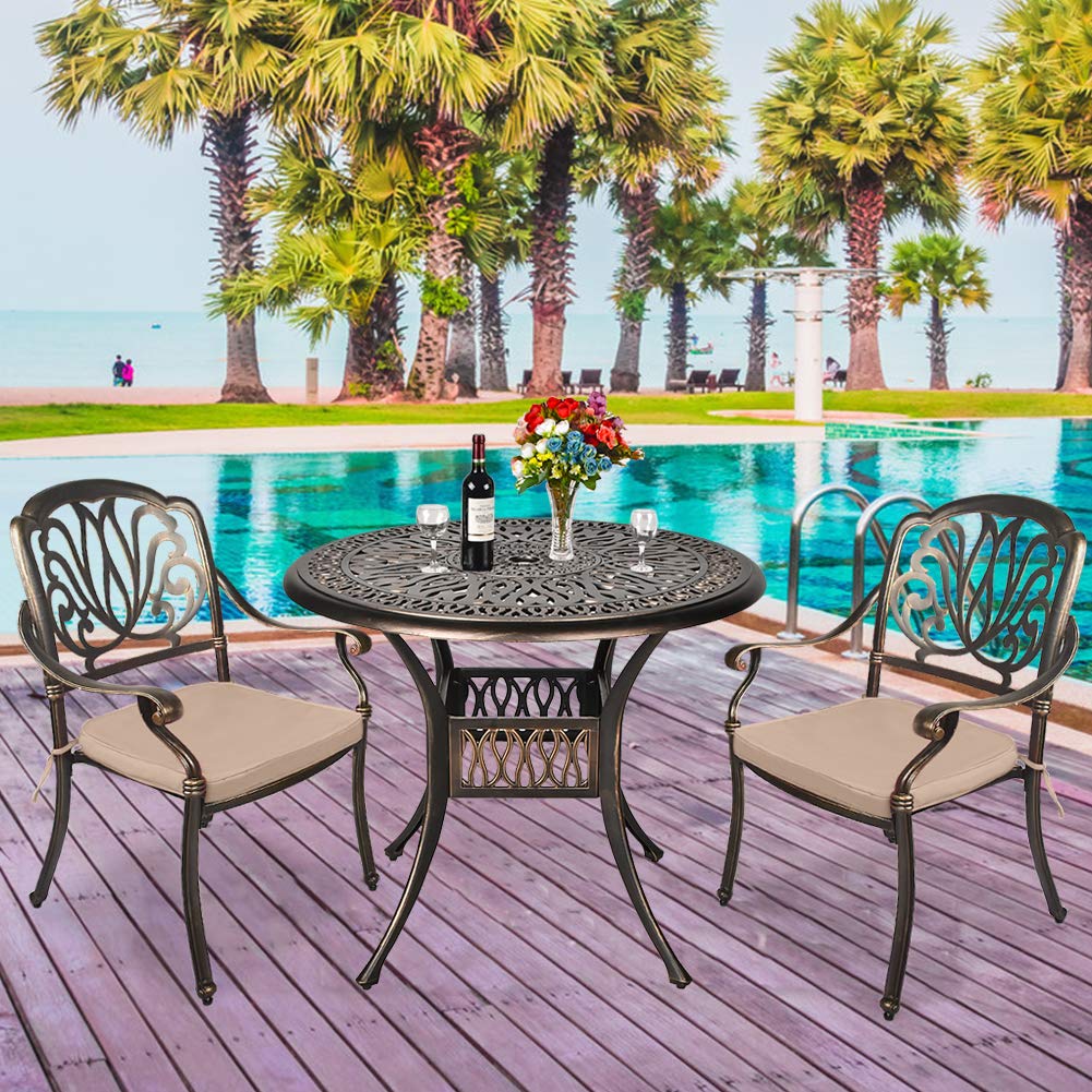 TITIMO 3-Piece All-Weather Outdoor Patio Dining Set - Cast Aluminum Round Table & Chairs with Cushions & Umbrella Hole - Perfect for Garden, Deck, Backyard & Poolside Relaxation (Khaki)