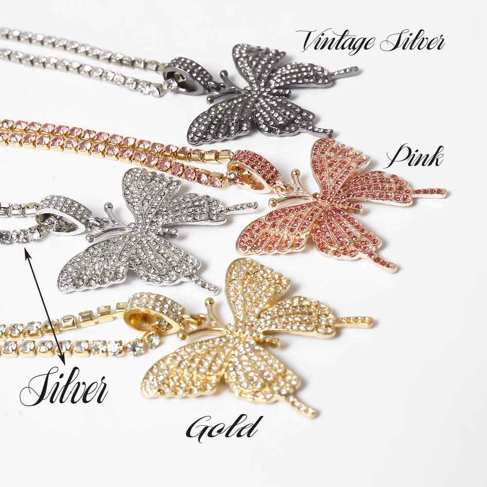 Missgrace Butterfly Rhinestone Choker Necklace - Gold & Silver Crystal Pendant Jewelry for Women, Teens, Girls - Perfect Gift for Wife, Girlfriend, Friends (Silver) | Elegant Party Wear, Prom Accessory, Valentine's Day Present