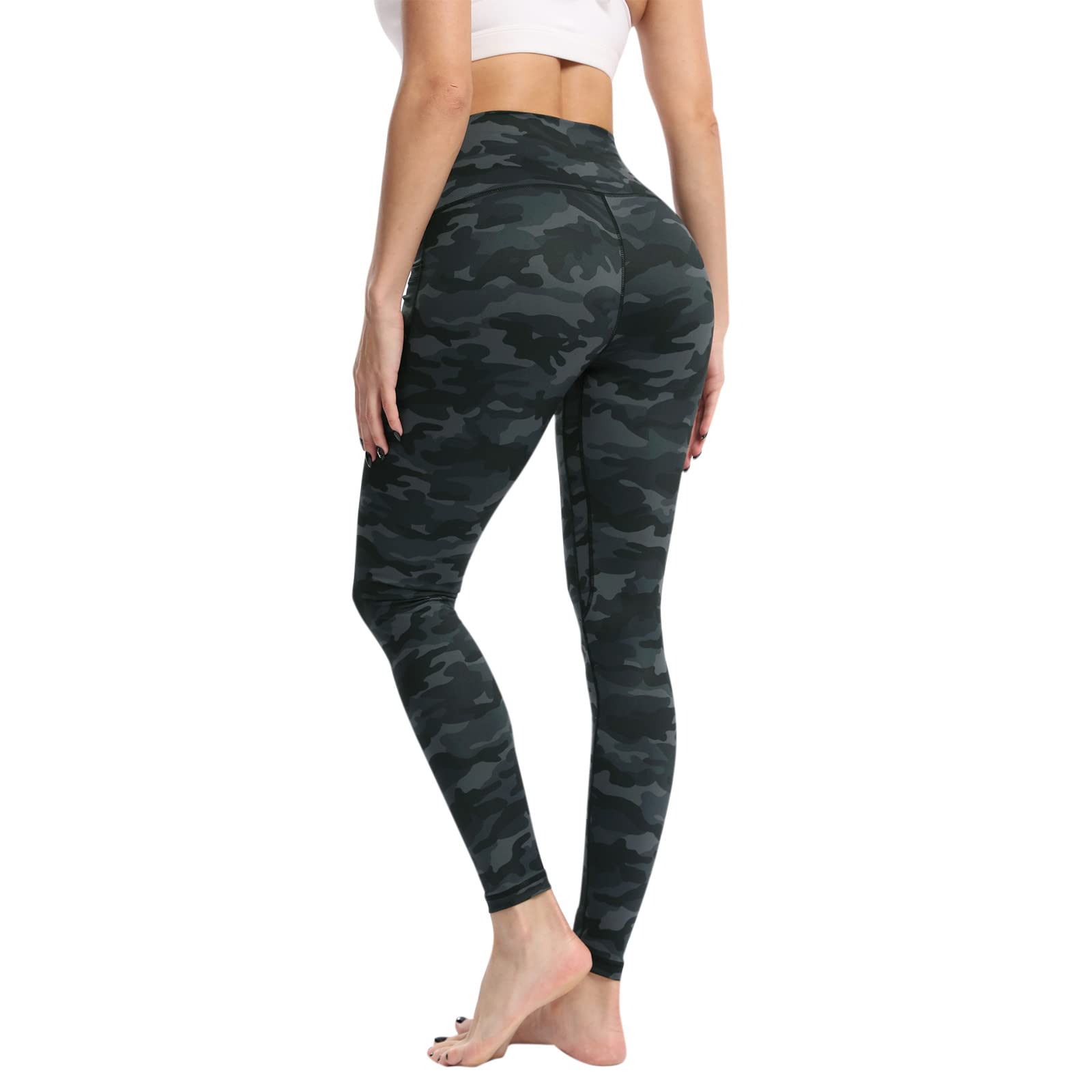 Women's High Waist Yoga Pants with Pockets - Printed Camouflage Fitness Leggings, Brushed Cotton Fold Over Design for Yoga, Gym & Lounge Wear (Grey, Size L)