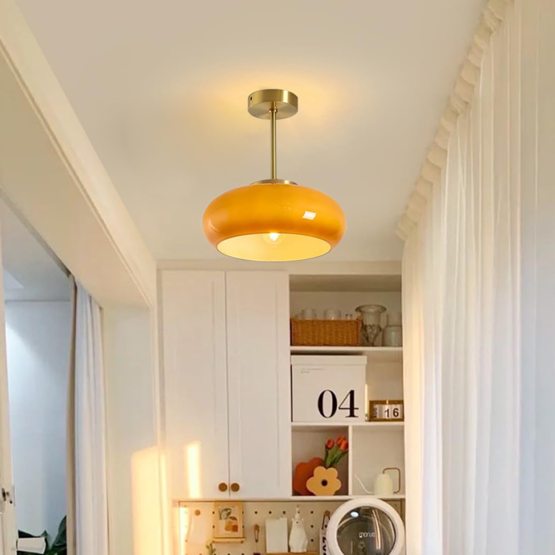 Vintage Amber Round Glass Ceiling Light Fixture - Classic Retro Pendant Lighting for Living Room, Bedroom & Dining Area