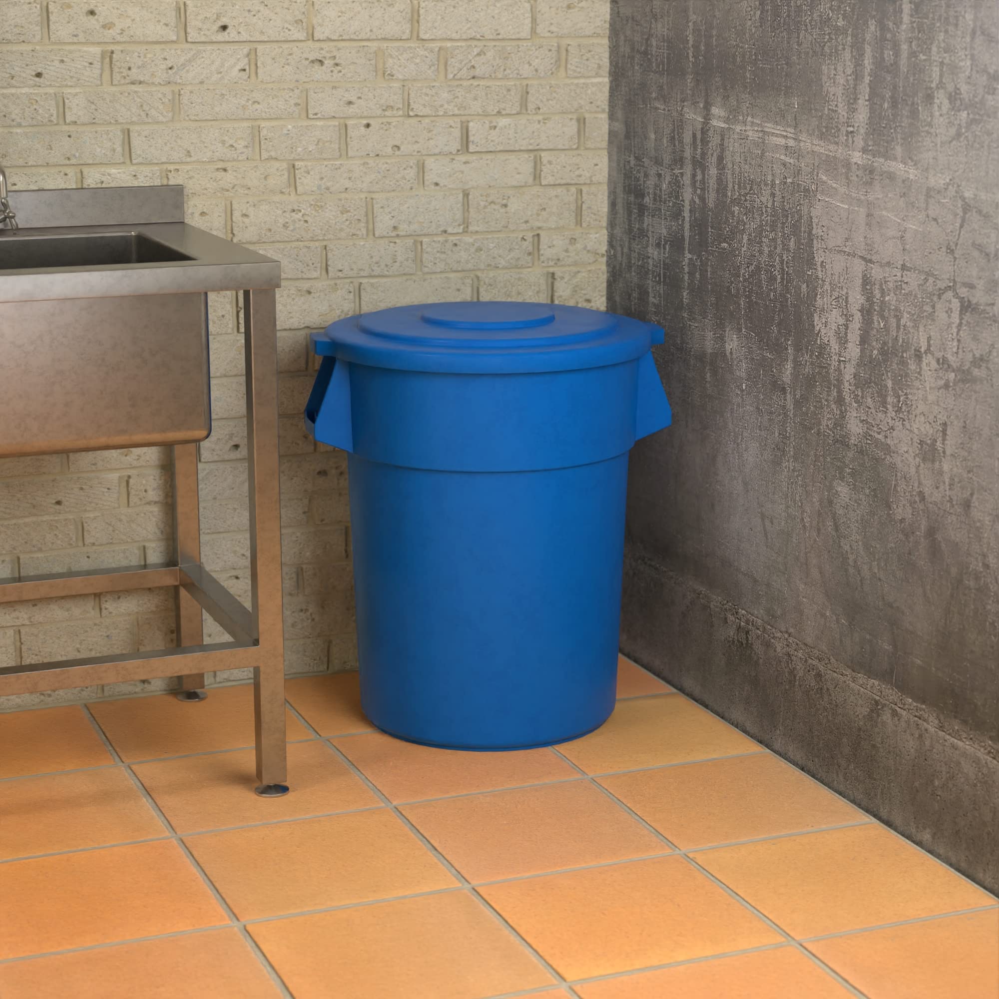 55 Gallon Blue Round Commercial Trash Can with Lid - Heavy Duty Outdoor & Indoor Use for Restaurants, Offices & Schools