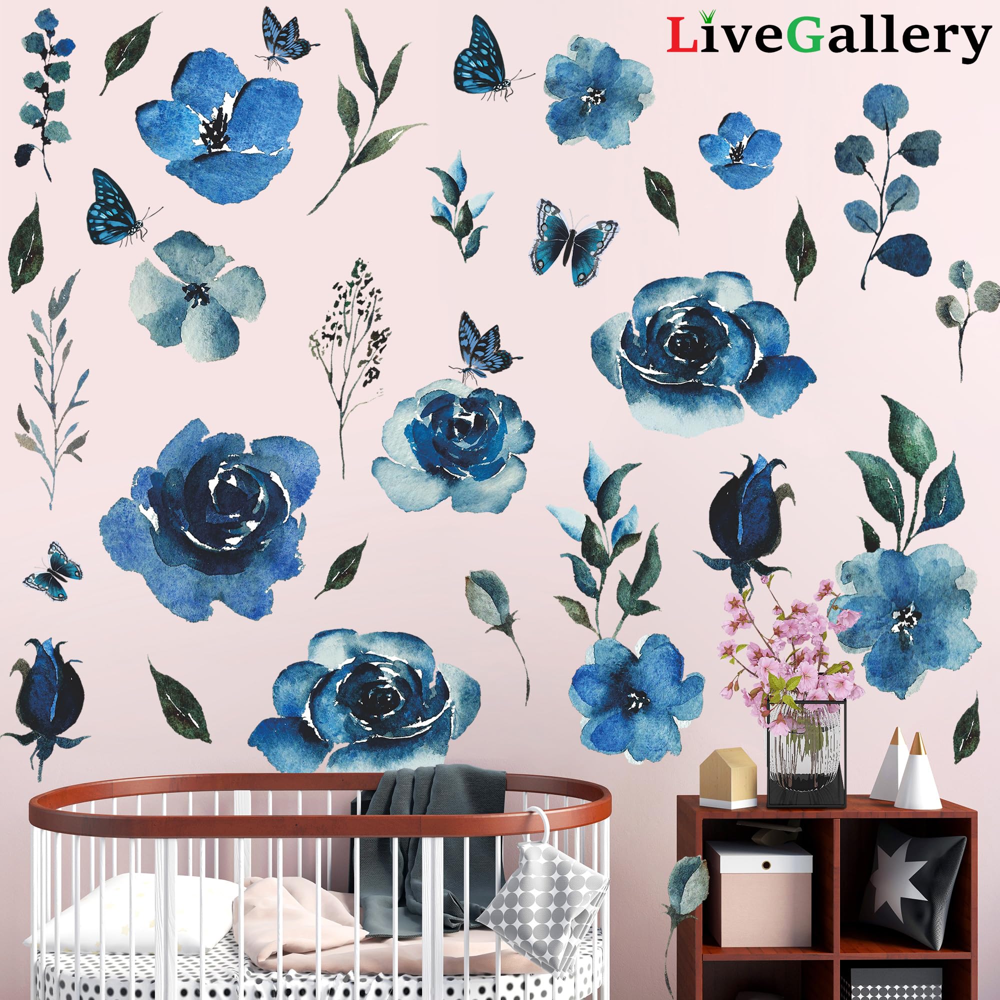 4 Sheets Blue Roses Watercolor Wall Decals - Removable Flower Art Stickers for DIY Home Decor, Girls Bedroom, Living Room, TV Wall & Sofa Backdrop - Perfect for Nursery, Wedding, Party & Office Decoration