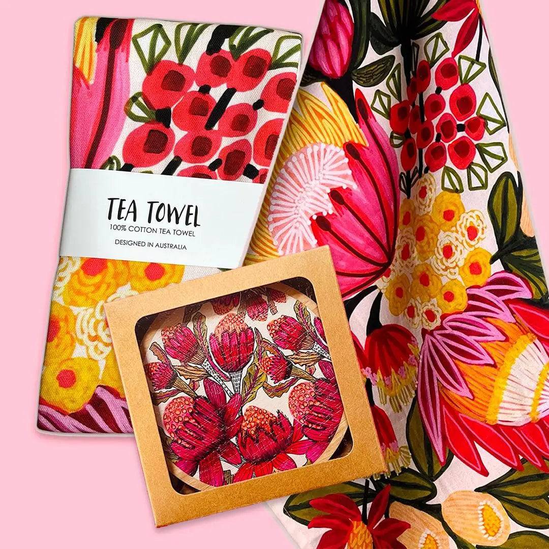 Premium King Proteas Tea Towel & Coaster Set - Floral Kitchen Decor, Dish Drying & Hot Drink Protection - Perfect for South African Themed Kitchens & Tea Parties