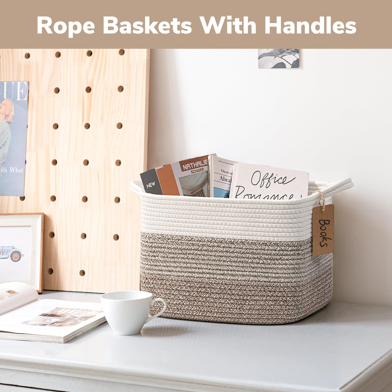 Goodpick Woven Storage Baskets 3-Pack - Nursery, Toy & Home Organizer - White & Brown, 13x10x9in