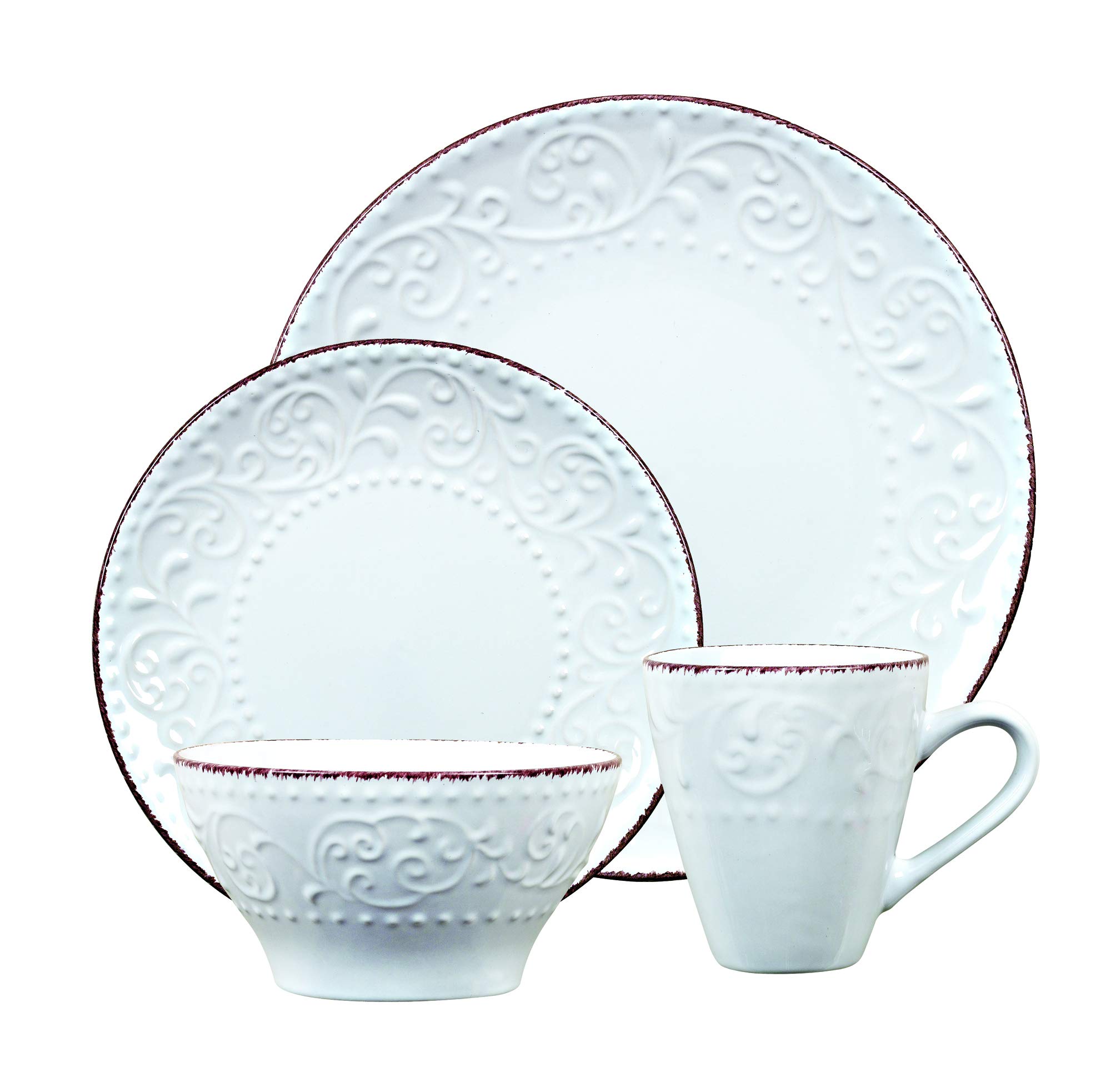 Elegant Modern Stoneware Scroll Dinnerware Set - 16-Piece White Dinner Plates, Bowls & Mugs for Parties, Events & Home Decor | Perfect for Wedding, Holiday & Formal Dining