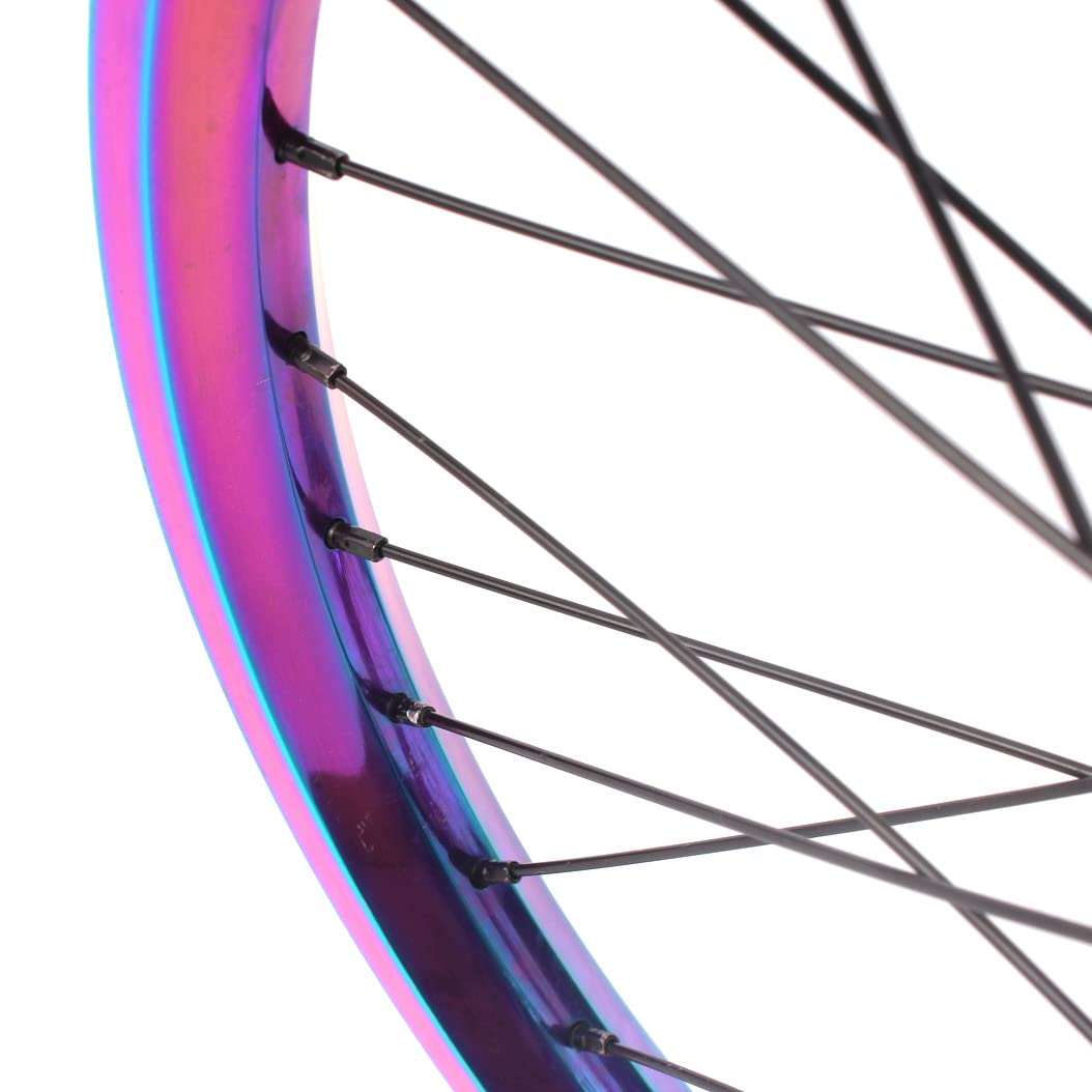 Premium KHE BMX Wheel Set - Oil Slick Aluminium Rim, MVP 36H, 14mm 9T Sprocket with Rim Tape - Perfect for BMX Racing, Street Riding & Freestyle Tricks