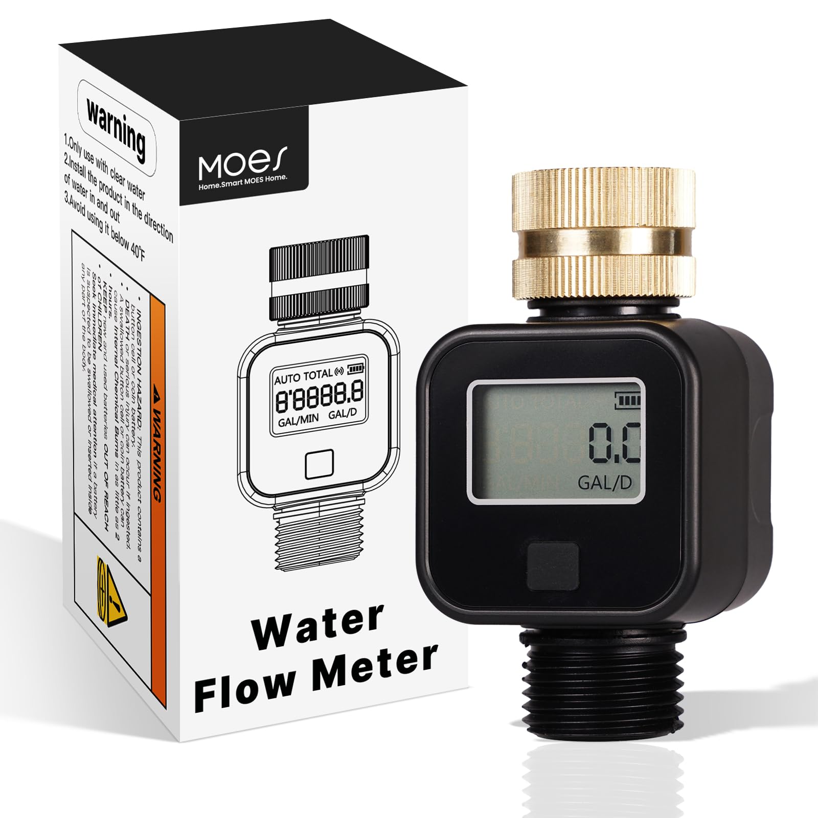 MOES Digital Water Flow Meter with Brass Inlet & Metal Thread - Accurate Gallon/Liter Measurement for RV Water Tanks, Garden Hose, Lawn Sprinkler & Nozzle Sprayer | Perfect for Outdoor Watering, Irrigation Monitoring & Fluid Consumption Tracking