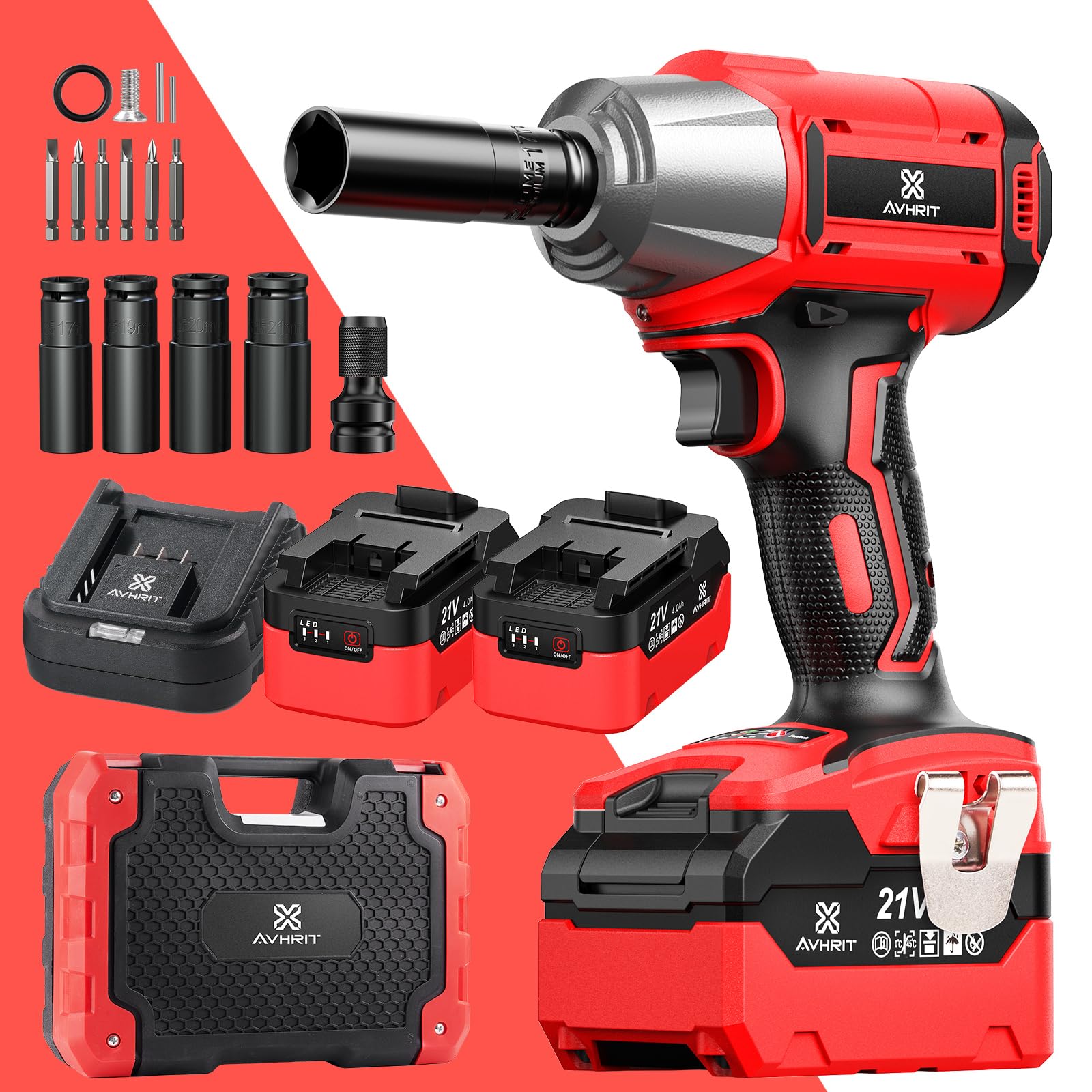 **Avhrit 1/2 Inch Cordless Impact Wrench – 480Ft-lbs (650Nm) Brushless Electric Impact Gun with 2x 4.0Ah Batteries, Fast Charger, 4 Sockets & 6 Screws – Heavy-Duty Power Tool for Car Tires, Automotive Repair & DIY Home Projects**