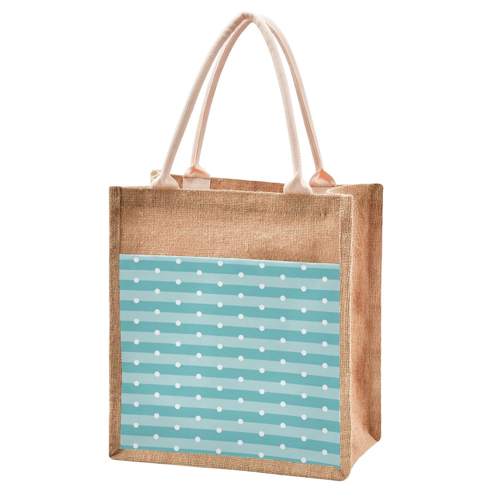 Linqin Blue Jute Tote Bag - Waterproof Round Dots Design Burlap Straw Grocery Shopping Bag for Women, Beach Travel, Picnic & Farmers Market
