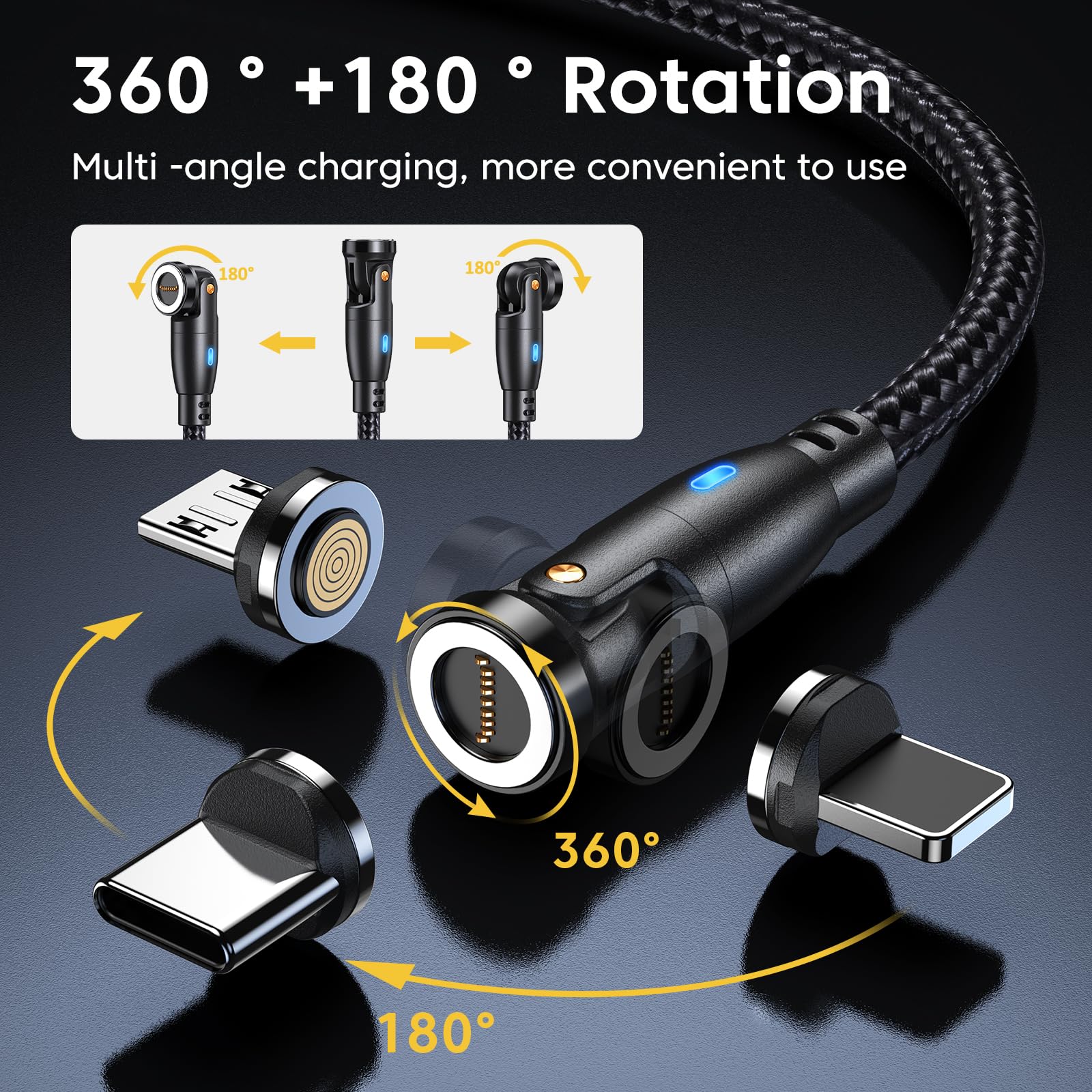 VAFOTON 9Pin Magnetic Charging Cable - 360° & 180° Rotatable 3-in-1 USB Fast Charger (18W) for Micro USB, Type C, iPhone - 3 Pack (2M/2M/1M) - Durable Magnetic Phone Charger for Home, Office & Travel