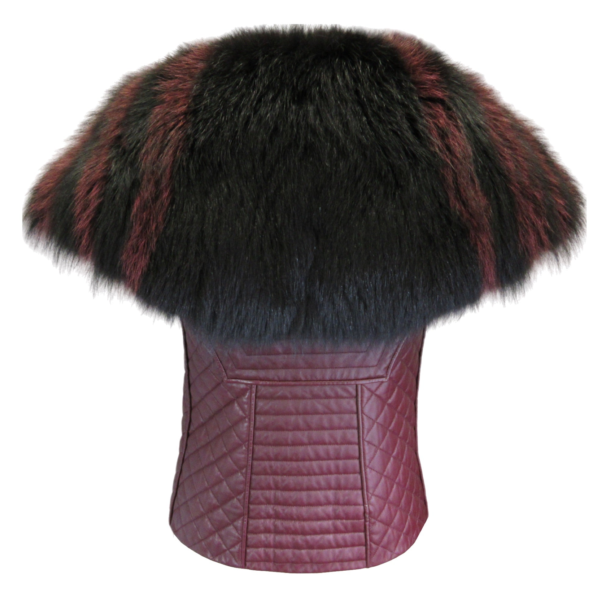 Luxury J. Mendel Burgundy Fox Fur Trimmed Quilted Leather Vest for Women | Winter Fashion Outerwear | Perfect for Holiday Parties & Formal Events